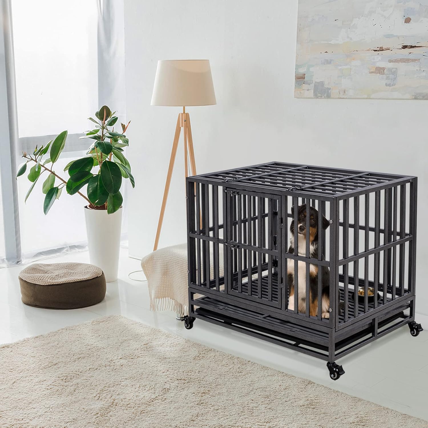 Holiwei Jaula de perro indestructible de 38 pulgadas XL de metal para perros grandes, jaula de perro a prueba de escapes con ruedas, bandeja