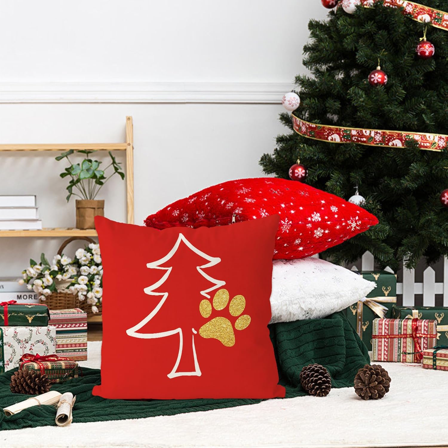 GAGEC Fundas de almohada de Navidad de 18 x 18 pulgadas, divertidas patas de perro, almohadas de Navidad, invierno, color rojo, decoración del