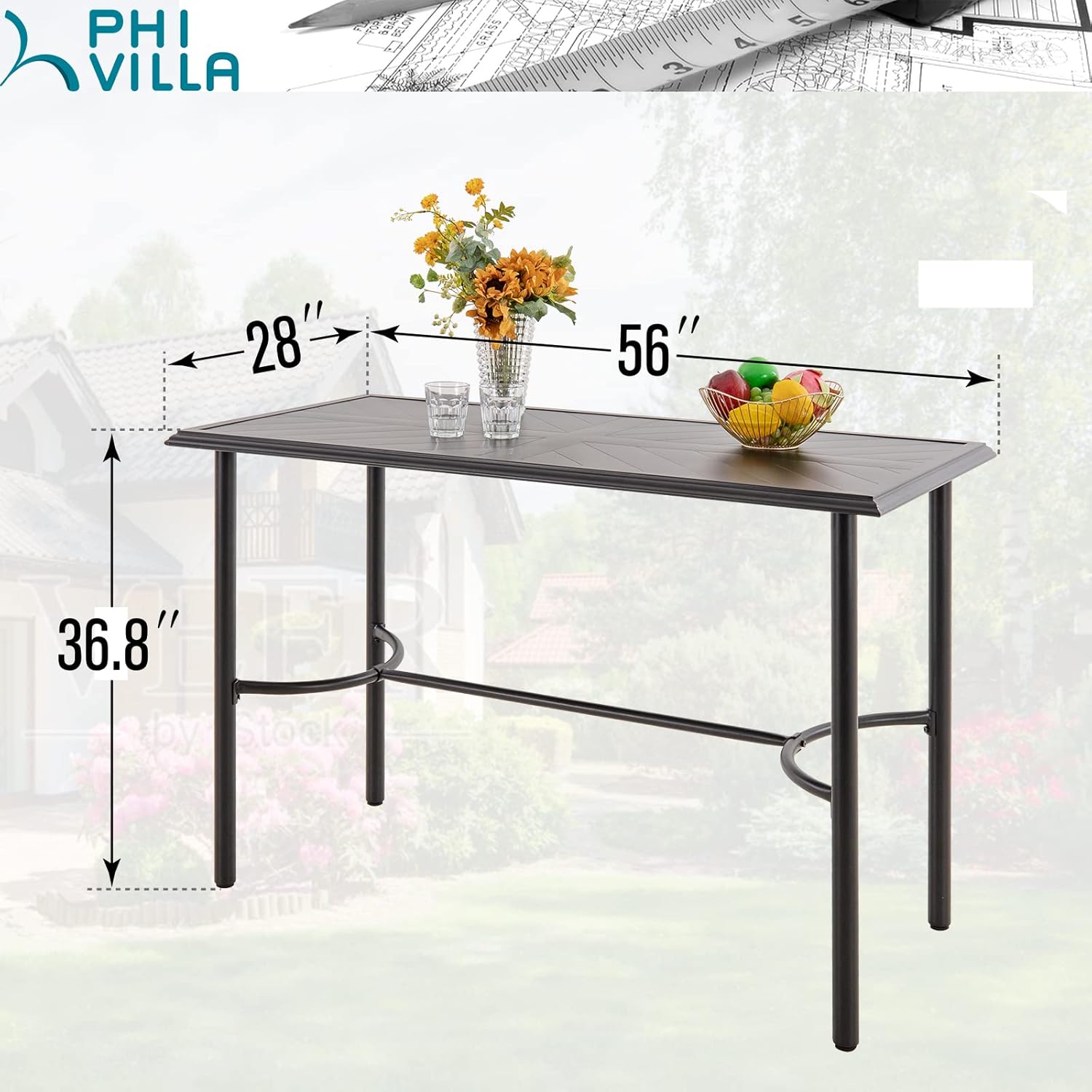 PHI VILLA Mesa de bar rectangular para patio, mesa de metal con revestimiento de altura de mostrador, resistente y duradera para patio, jardín,
