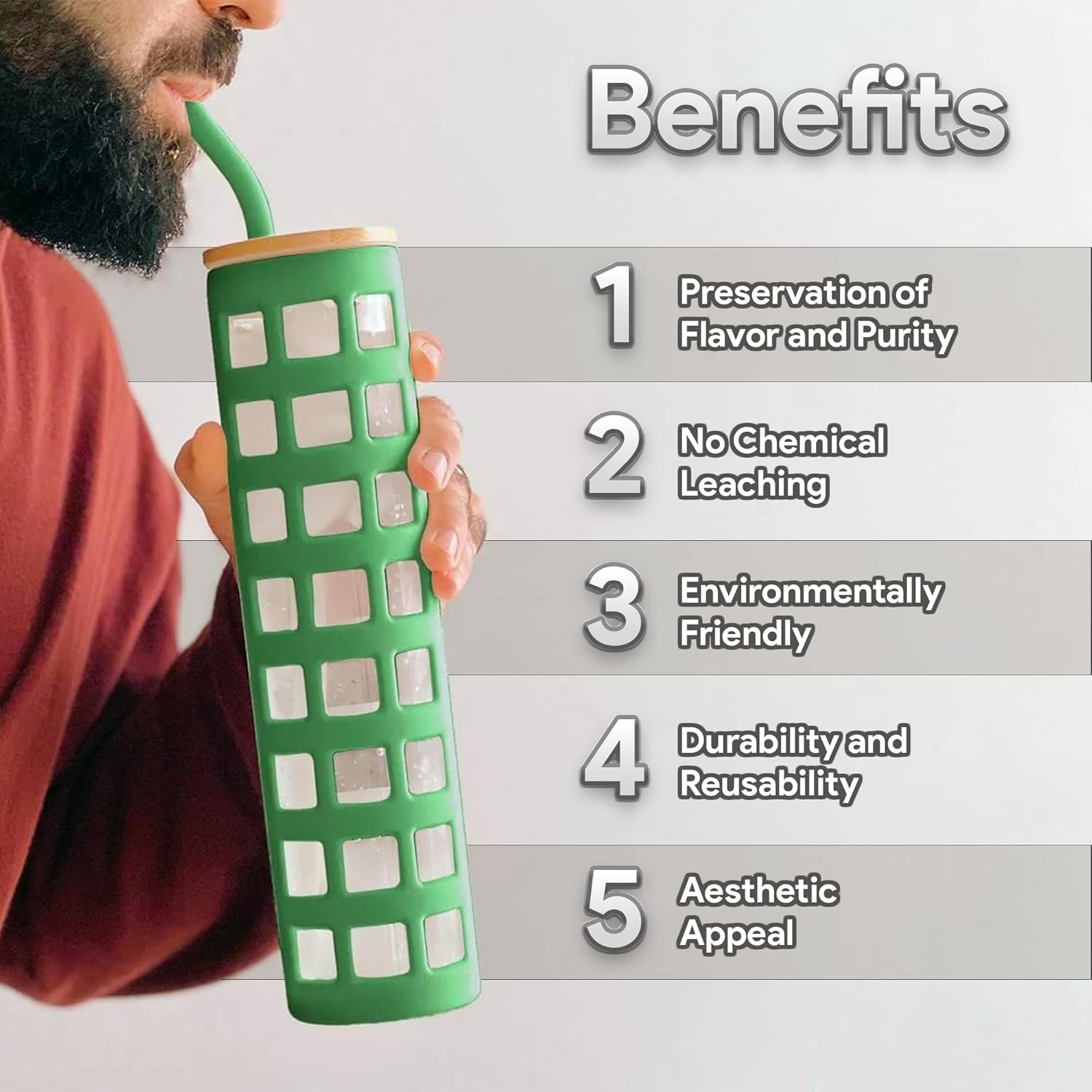 purifyou Vaso de vidrio de 20 onzas con popote, tapa de bambú y funda protectora de silicona, vaso de agua de doble pared para batidos, té Boba,
