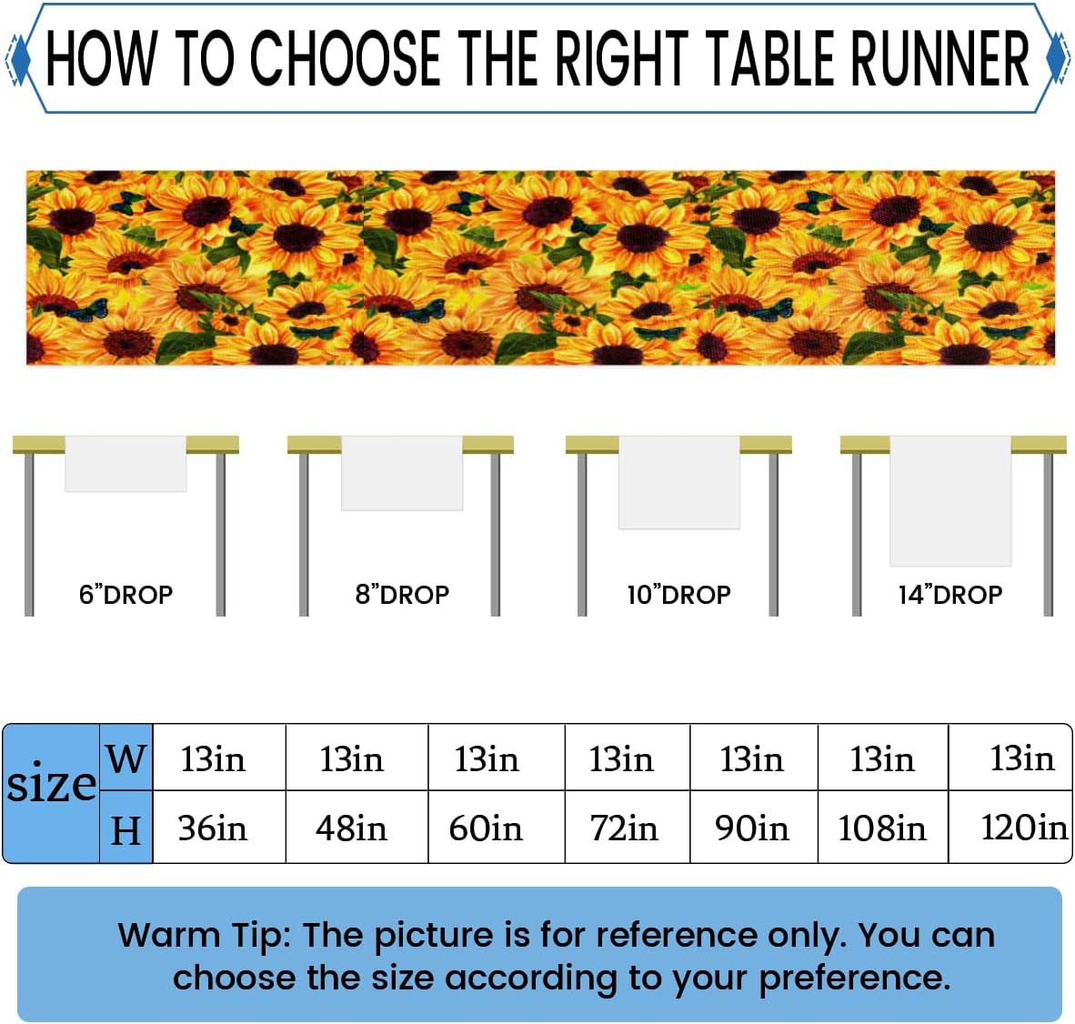 Table Runner Sunflower Butterfly, Rustic Linen Table Cloth for Farmhouse Kitchen, Dinner, Events, Party, Holiday Table Decor 13 x 120 Inches