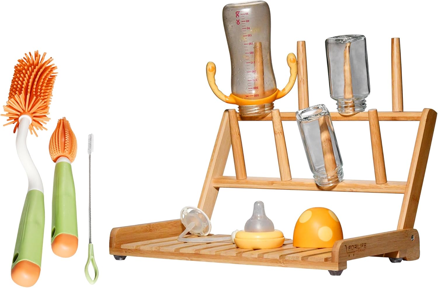Estante de secado de bambú que ahorra espacio, estante de secado de biberones plegable para encimera, juego de cepillos para botellas, plato,