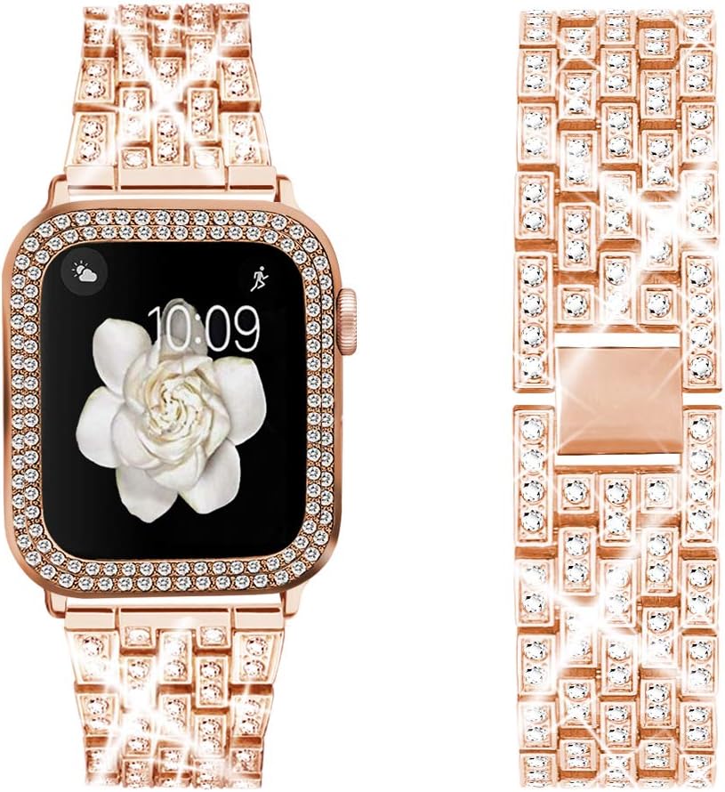 Correa de reloj compatible con Apple Watch Band de 38 mm, con cubierta protectora con diamantes de imitación, con funda protectora para iWatch