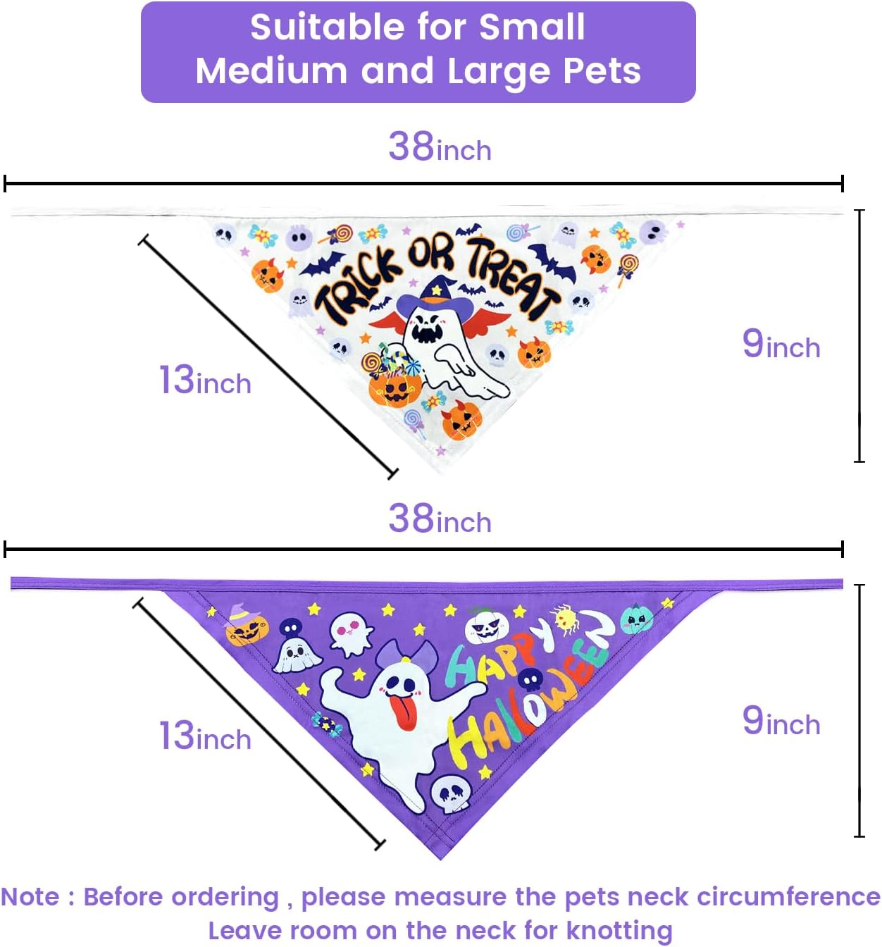 Bandanas para perros de Halloween, paquete de 2 bandanas con temática de “Happy Halloween” y “Trick or Treat”, de tela duradera, adecuadas para