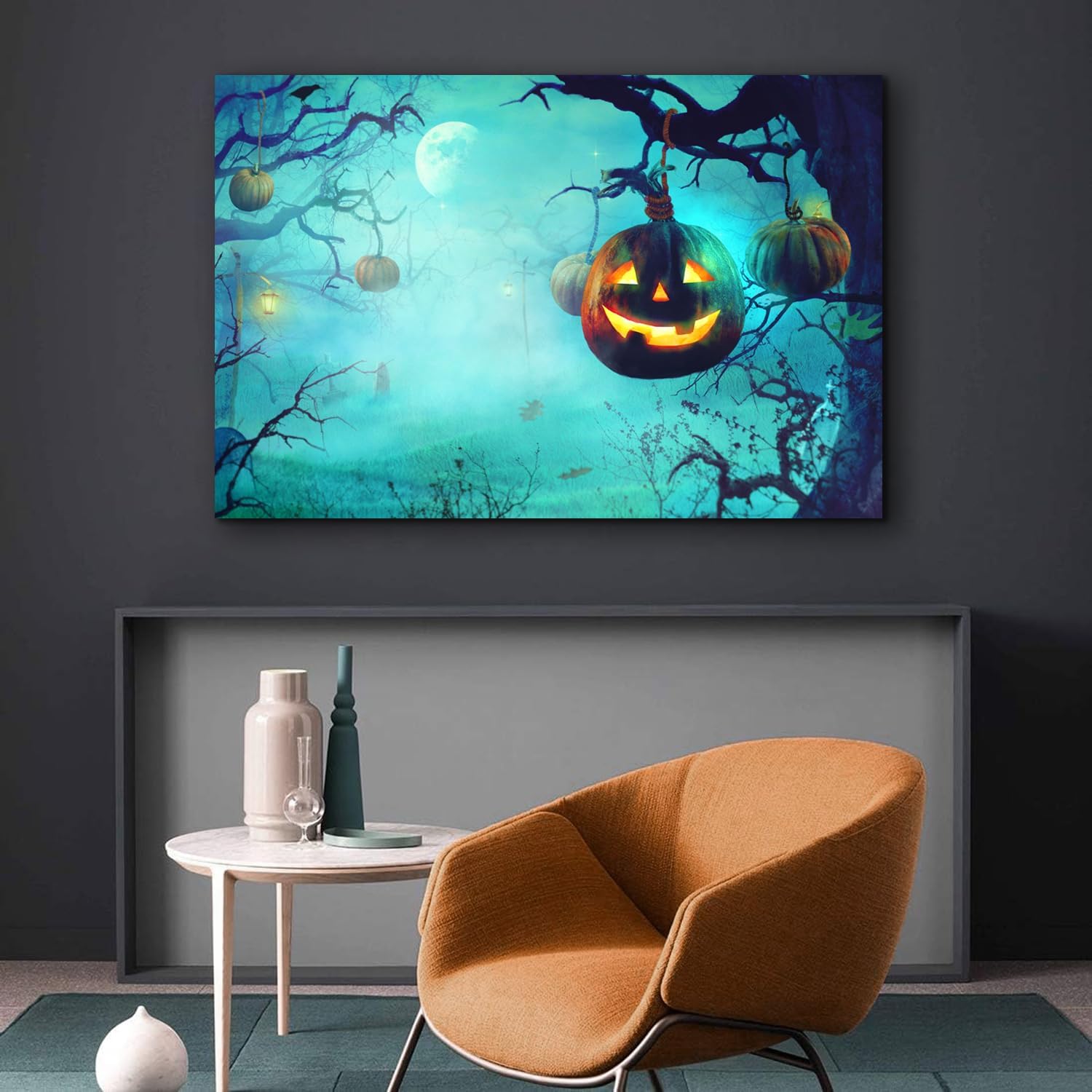 ZKBX – Arte para pared de Halloween, decoración de calabaza, pósteres de bosque lunar, imágenes de noche de bosque oscuro de miedo, impresión en