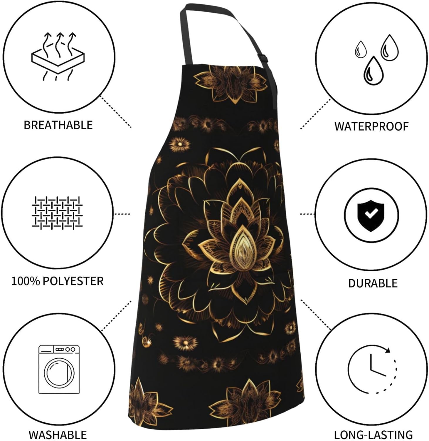 JENKEM Delantal impermeable de flores de loto dorado con bolsillos delantales de cocina ajustables babero de cocina para hornear hogar