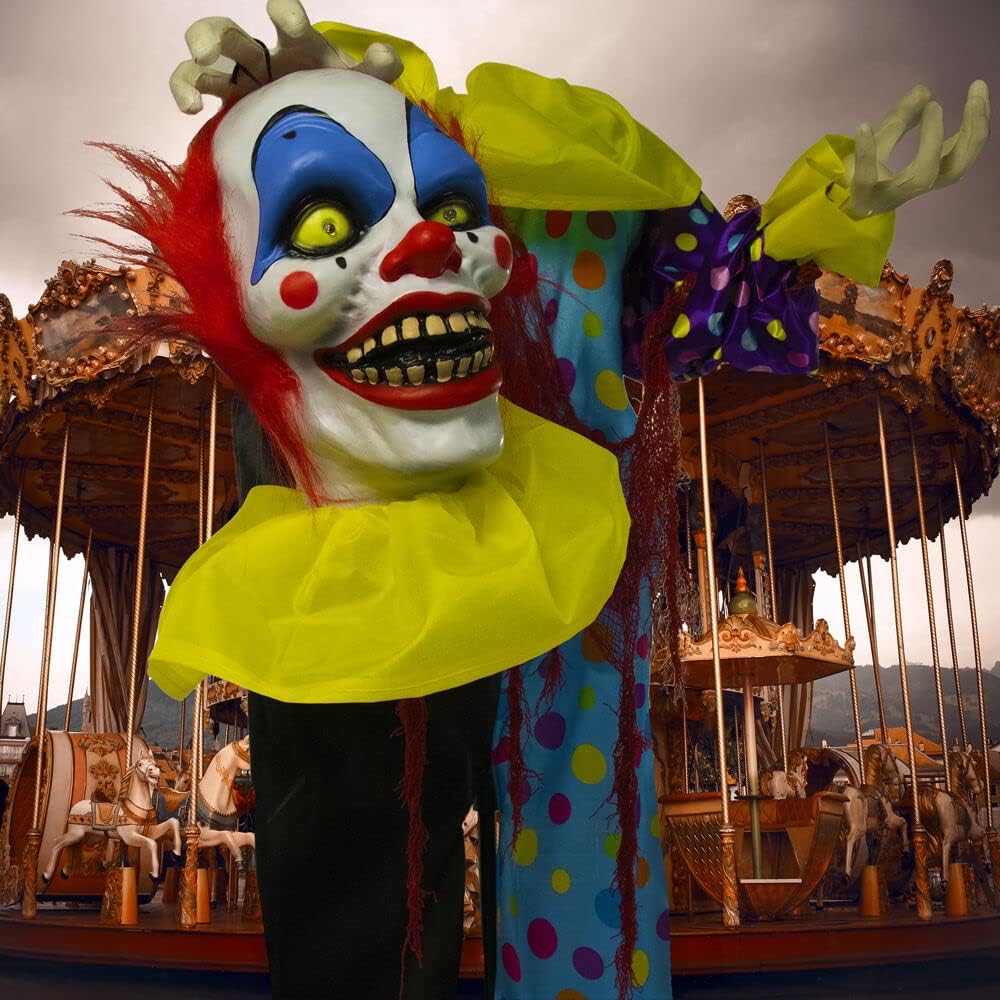 Haunted Hill Farm Payaso parlante animatrónico de tamaño real con luces y sonidos activados por el tacto, funciona con pilas, decoración de