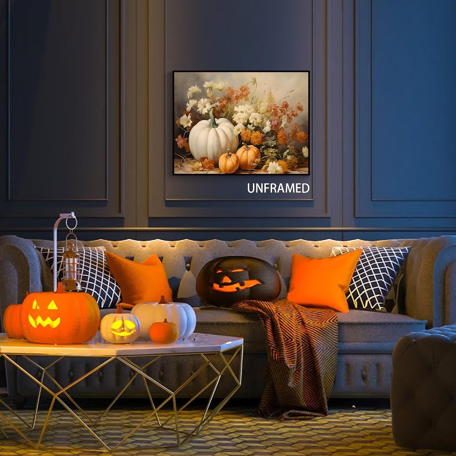 Wodkodnxy Lienzo decorativo para pared de otoño de granja, calabazas blancas y naranjas, cuadros de pintura de naturaleza muerta, carteles rústicos