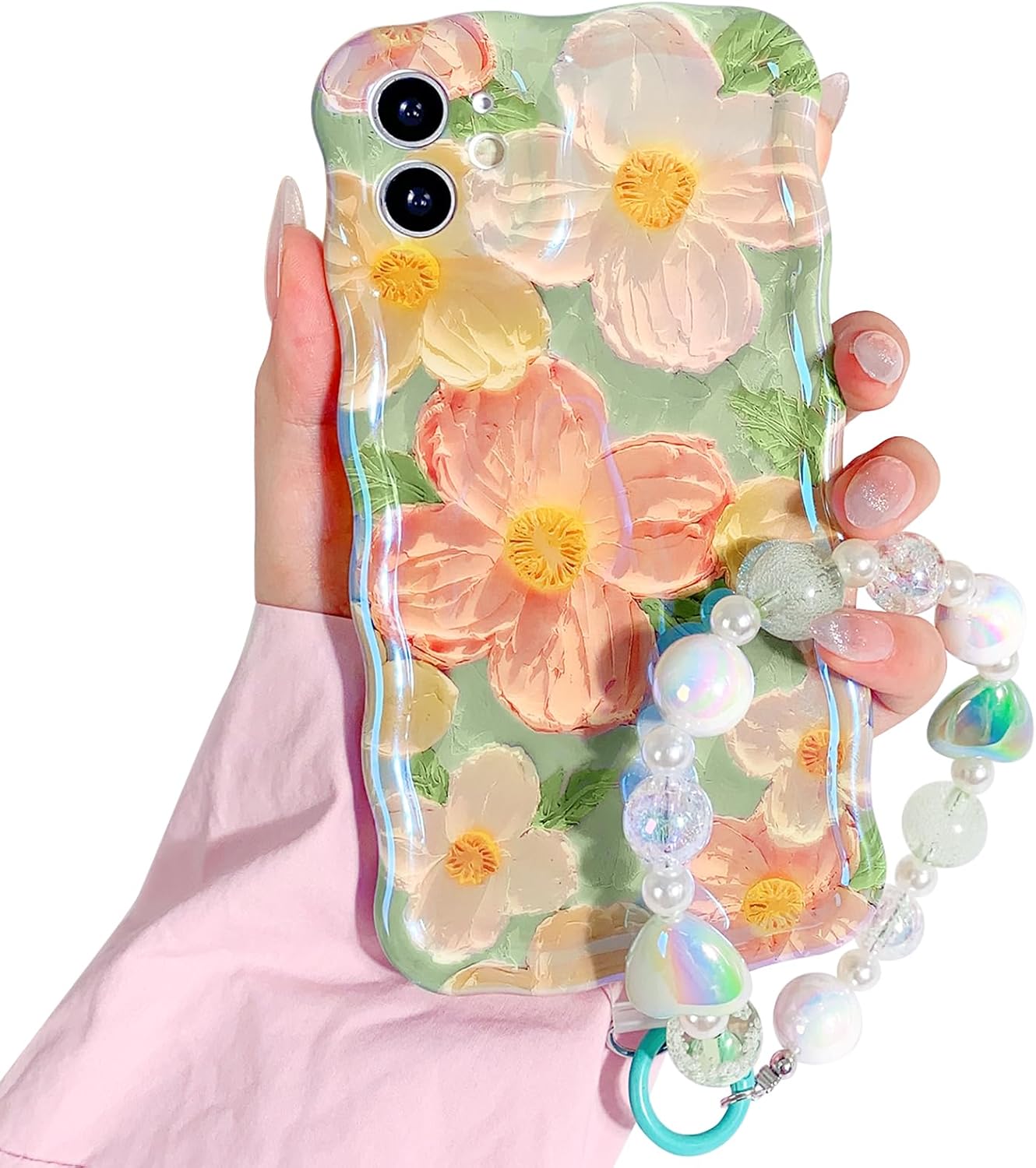 NITITOP Funda compatible con iPhone 11, bonita funda de pulsera floral de flores de aceite con bonita correa de muñeca verde para mujeres y niñas,