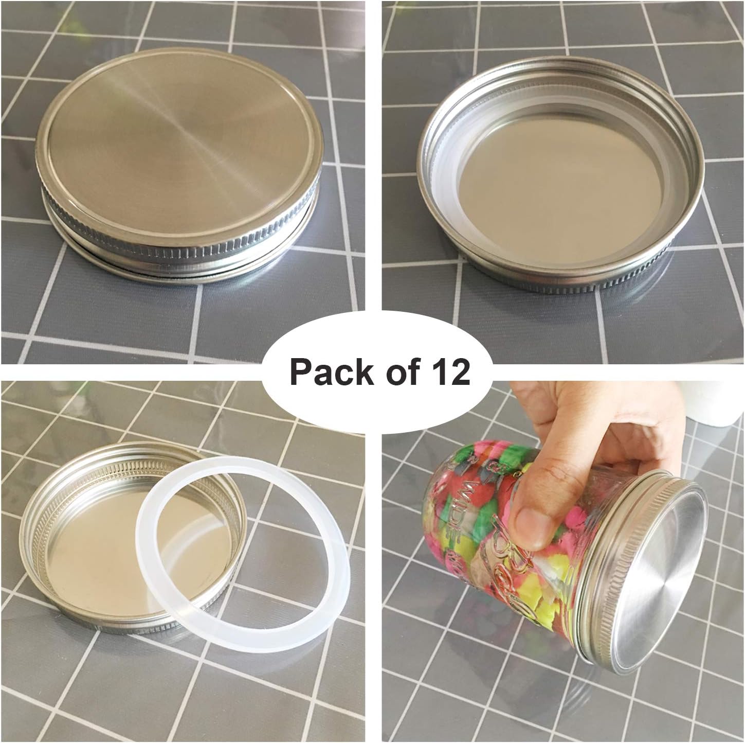 Tapas para tarros de acero inoxidable, tapas de almacenamiento con sellos de silicona para tarros de conserva de boca ancha, superficie pulida,