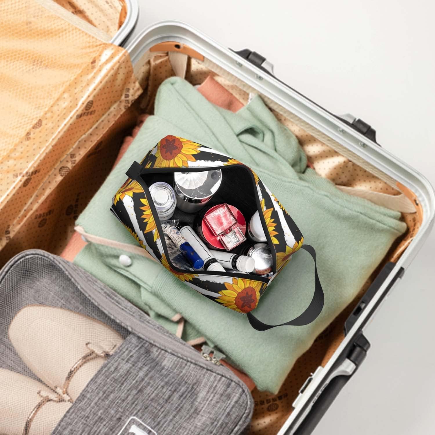 Neceser de viaje, bolsa de maquillaje grande, kit de afeitado portátil, bolsa de lavado para viajes, gimnasio, camping, Rayas de girasol blanco y
