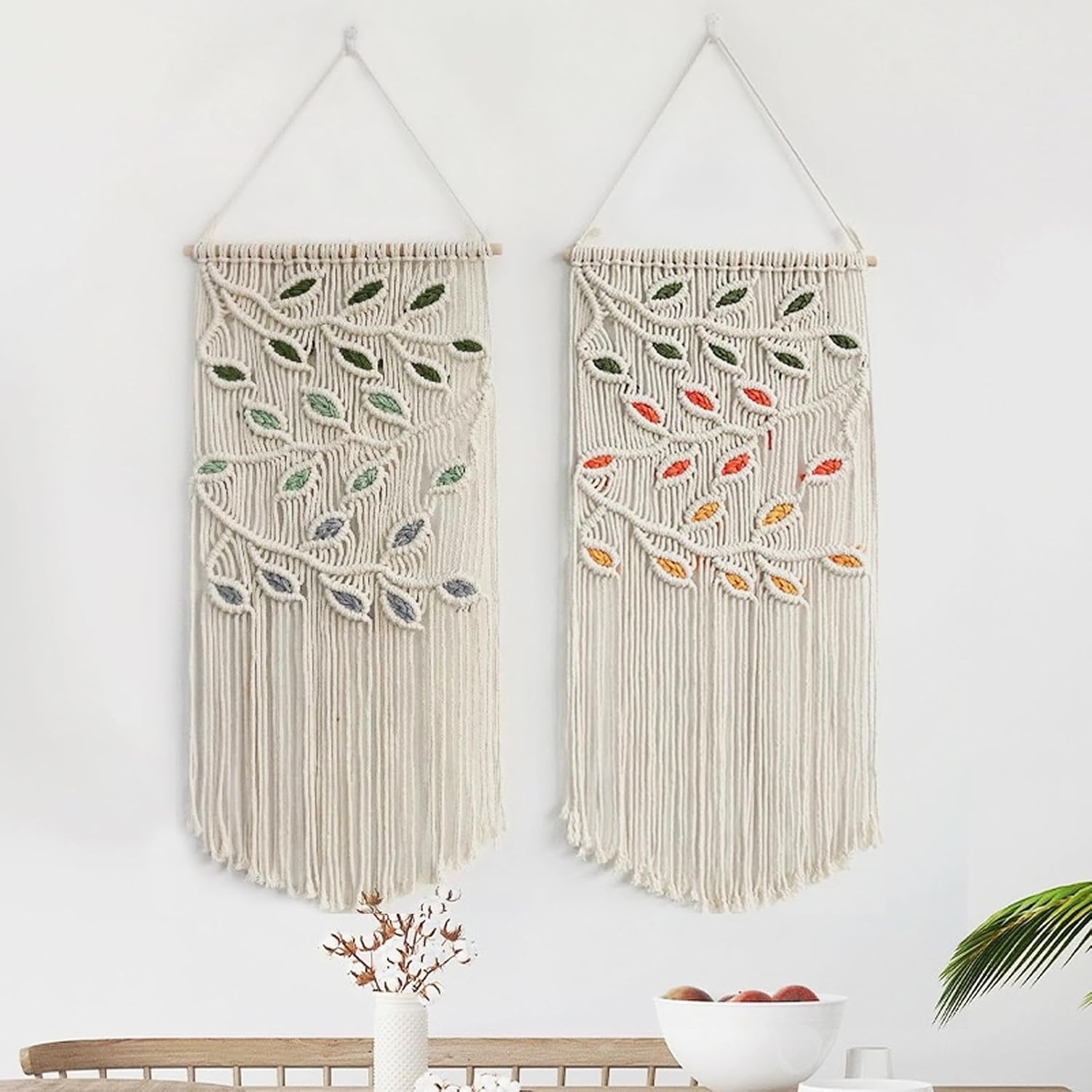 Tapiz de macramé para colgar en la pared, elegante bohemio con hojas de macramé, decoración de pared tejida a mano, arte de pared bohemio con