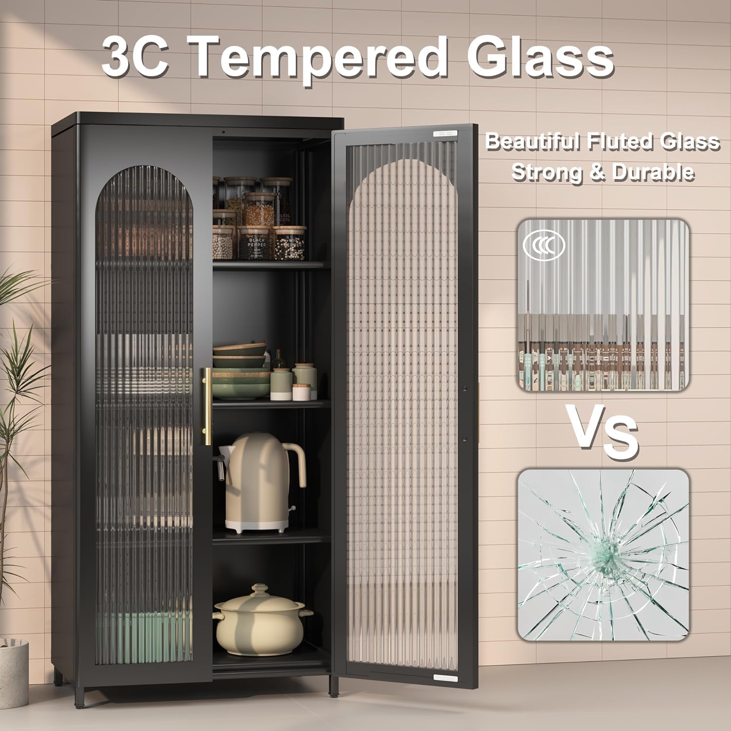 Armario de almacenamiento de metal de 59 pulgadas con puertas de cristal, vitrina de cristal para sala de estar, comedor y cocina, aparador