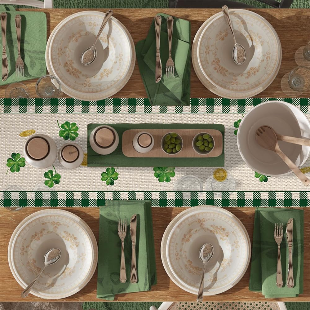 Camino de mesa Happy St Patrick’s Day Buffalo Plaid Three Gnomes Irish Green Lucky Shamrock Camino de mesa de decoración de mesa de cocina comedor