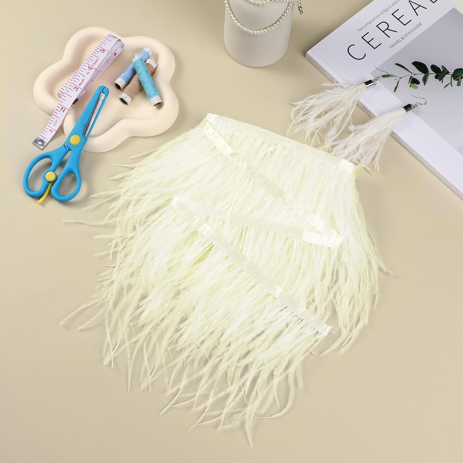 Ribete de plumas de avestruz beige, 2 yardas de 5 a 7 pulgadas, ribete de flecos para manualidades, ropa de costura, vestido latino, boda o fiesta