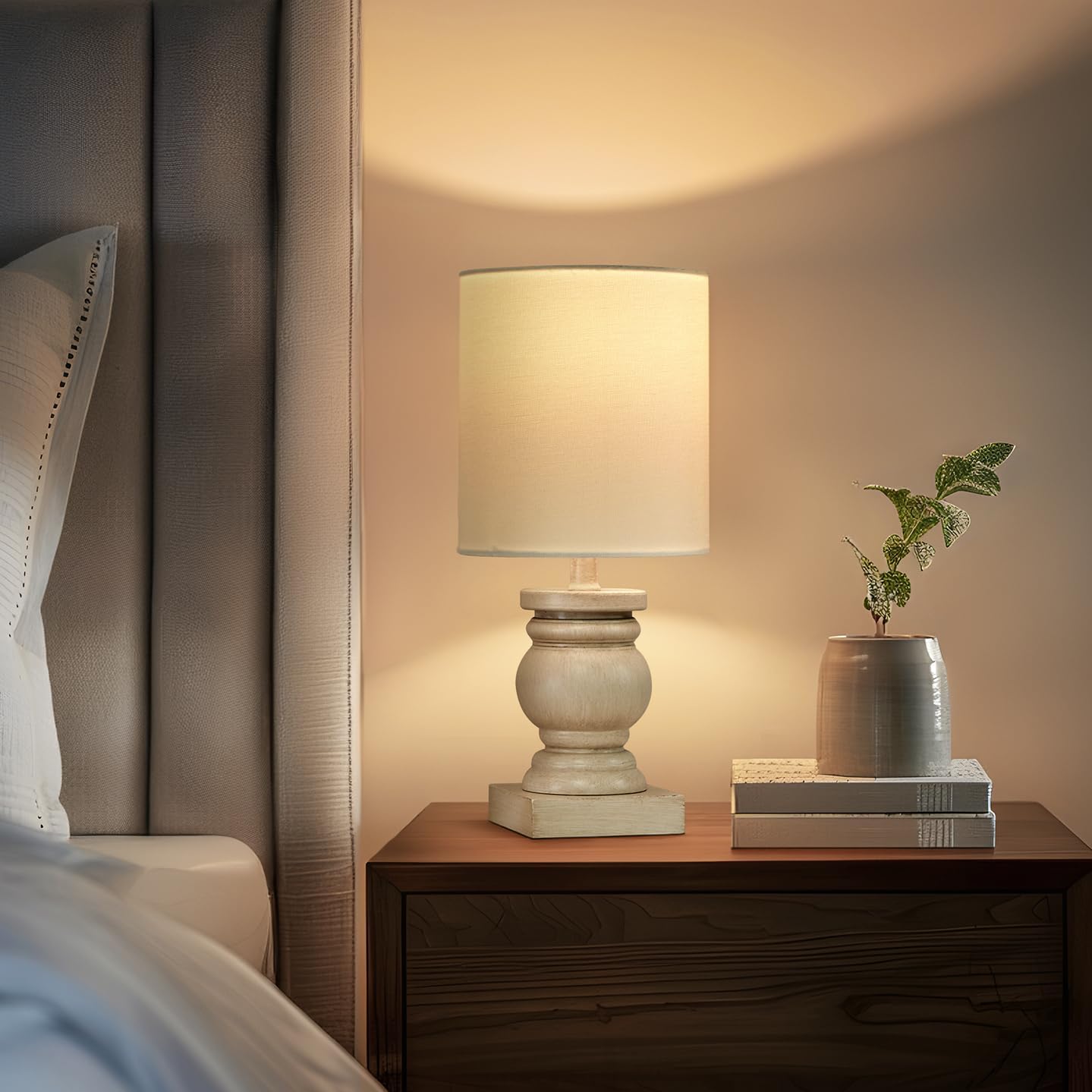 OYEARS Lámpara de mesa pequeña de 12 pulgadas para dormitorio, sala de estar, lámparas de noche simples y retro de grano de madera, adecuadas para
