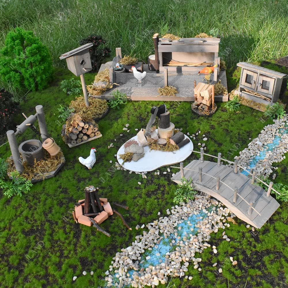 iland Accesorios para casa de muñecas en escala 112, juego de granja de casa de muñecas incluido Pozo de deseos de madera y hacha con leña y