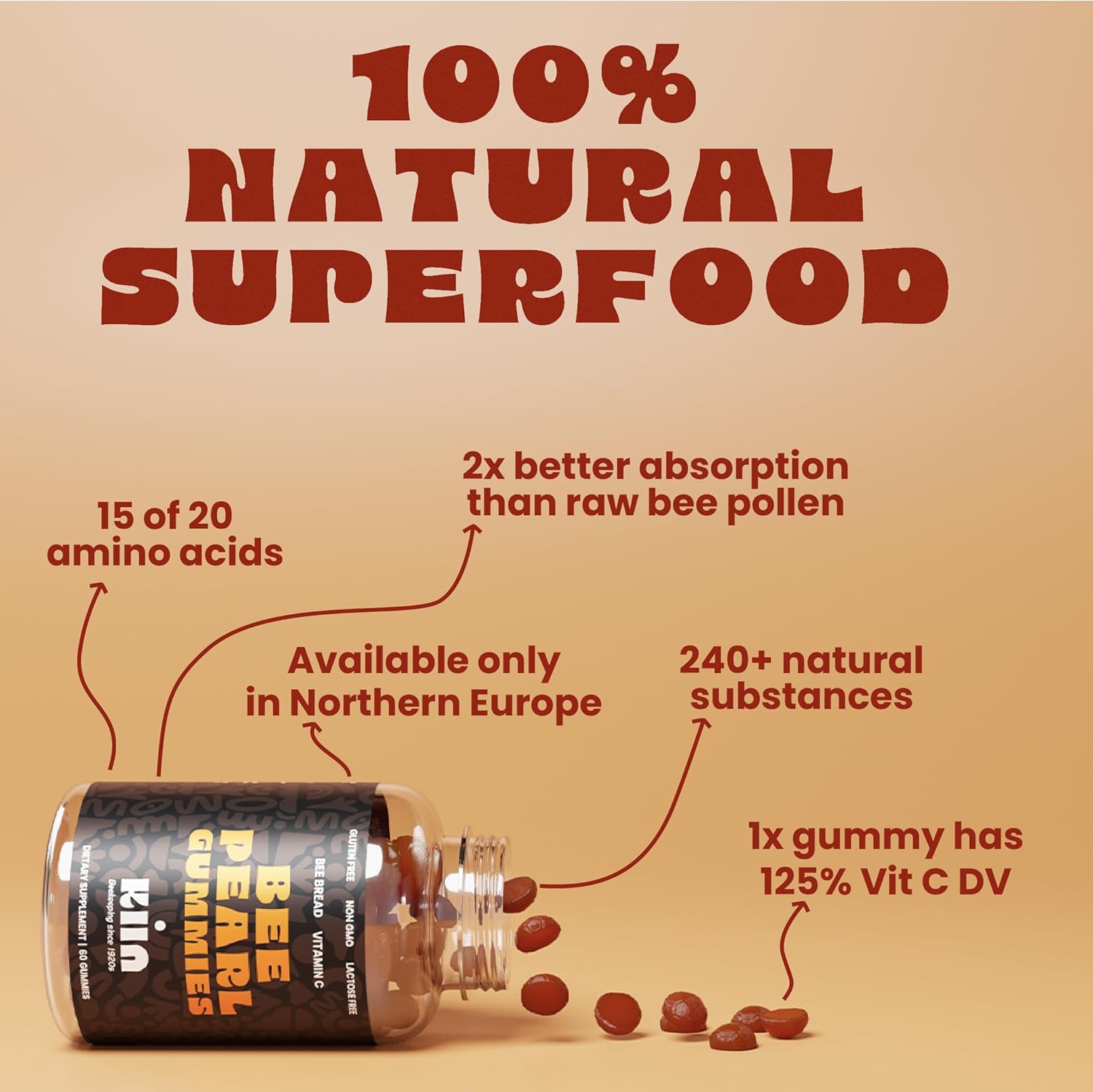 Kiin Bee Pearl Gummies  Pan de abeja (polen de abeja fermentado)  Superalimento 100% natural rico en vitaminas A, B, C, E, K, Mg, P, enzimas,