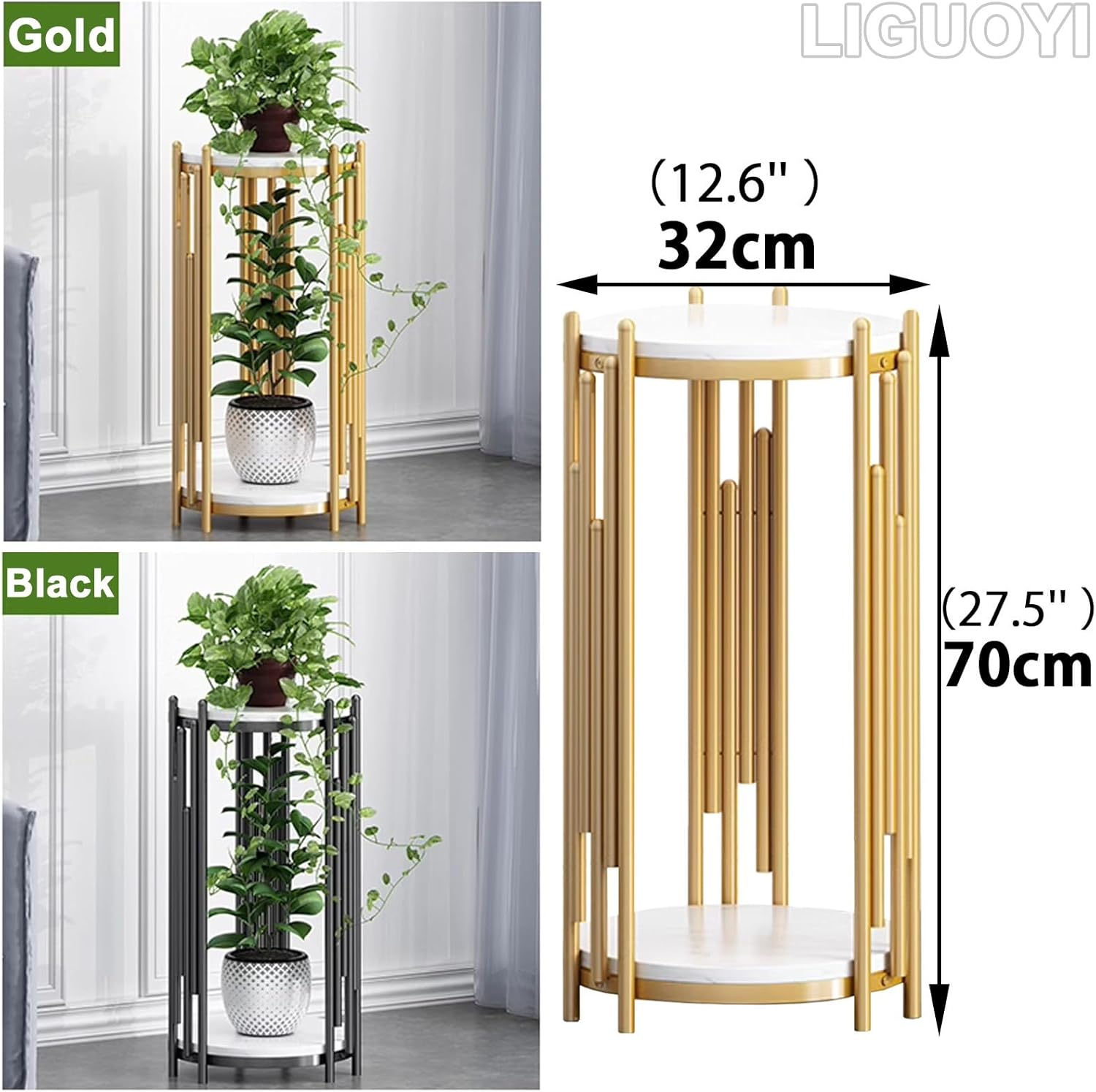 Soporte para macetas para plantas al aire libre, estante de metal de 2 niveles, superficie de mármol, soporte de esquina para plantas de flores,