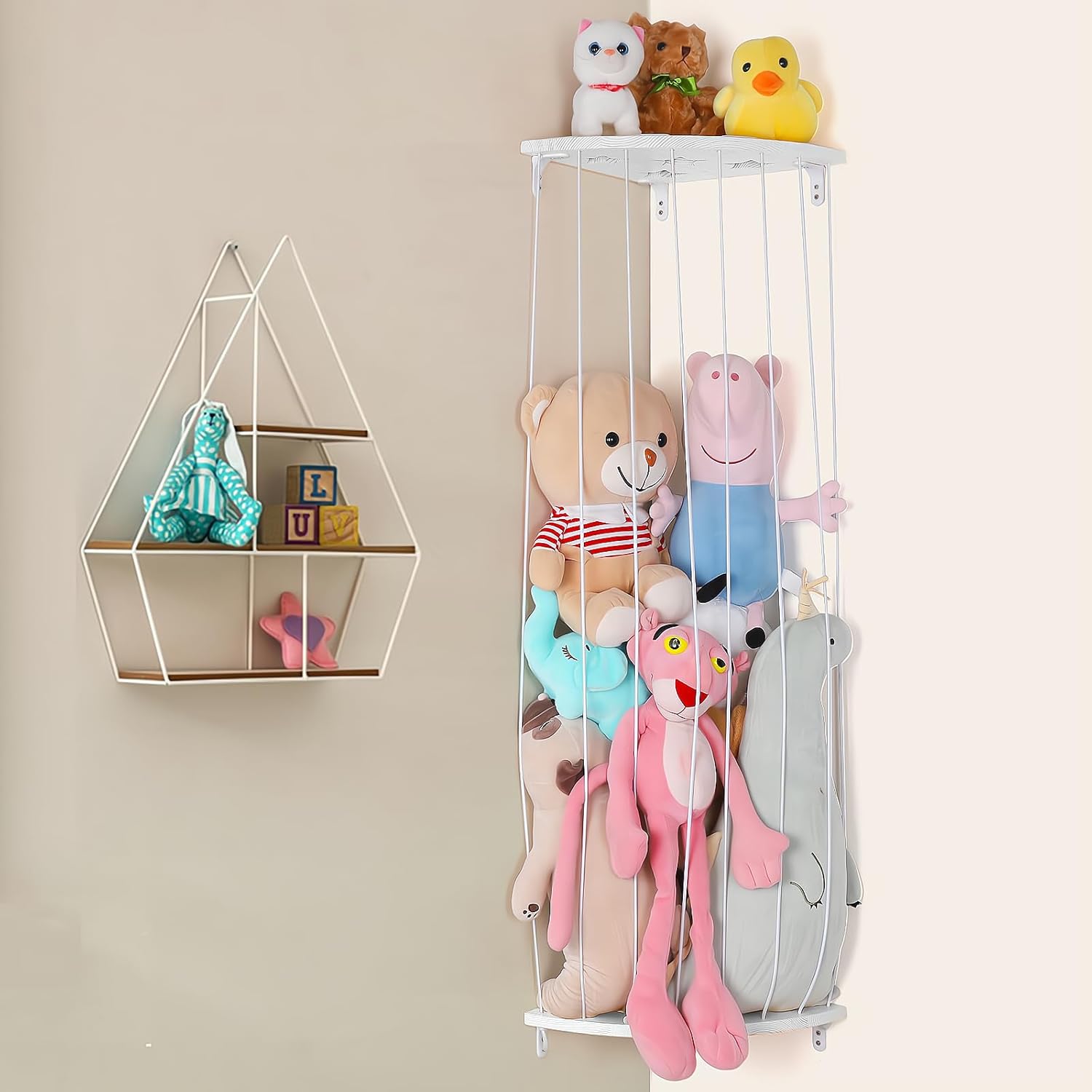 Soporte de madera para almacenamiento de animales de peluche con patrón de estrella, longitud ajustable, grande, organizador de juguetes de peluche