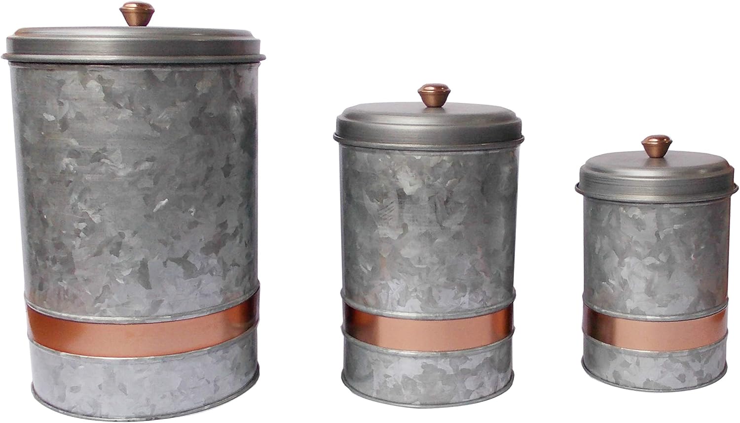 Benzara AMC0014 Recipiente con tapa de metal galvanizado con banda de cobre, juego de tres, gris