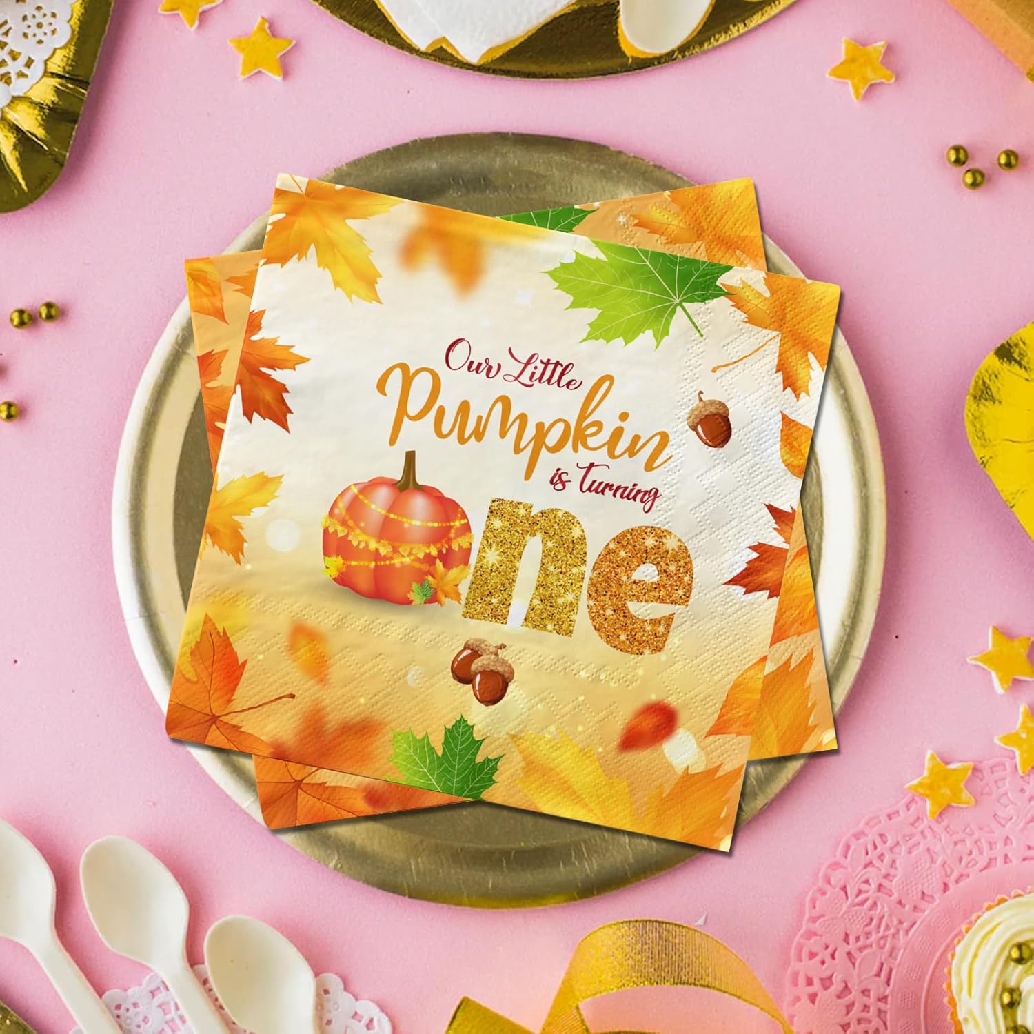Decoraciones de otoño para baby shower, 40 servilletas de baby shower con texto en inglés “My Little Pumpkin”, decoración de papel para cena de