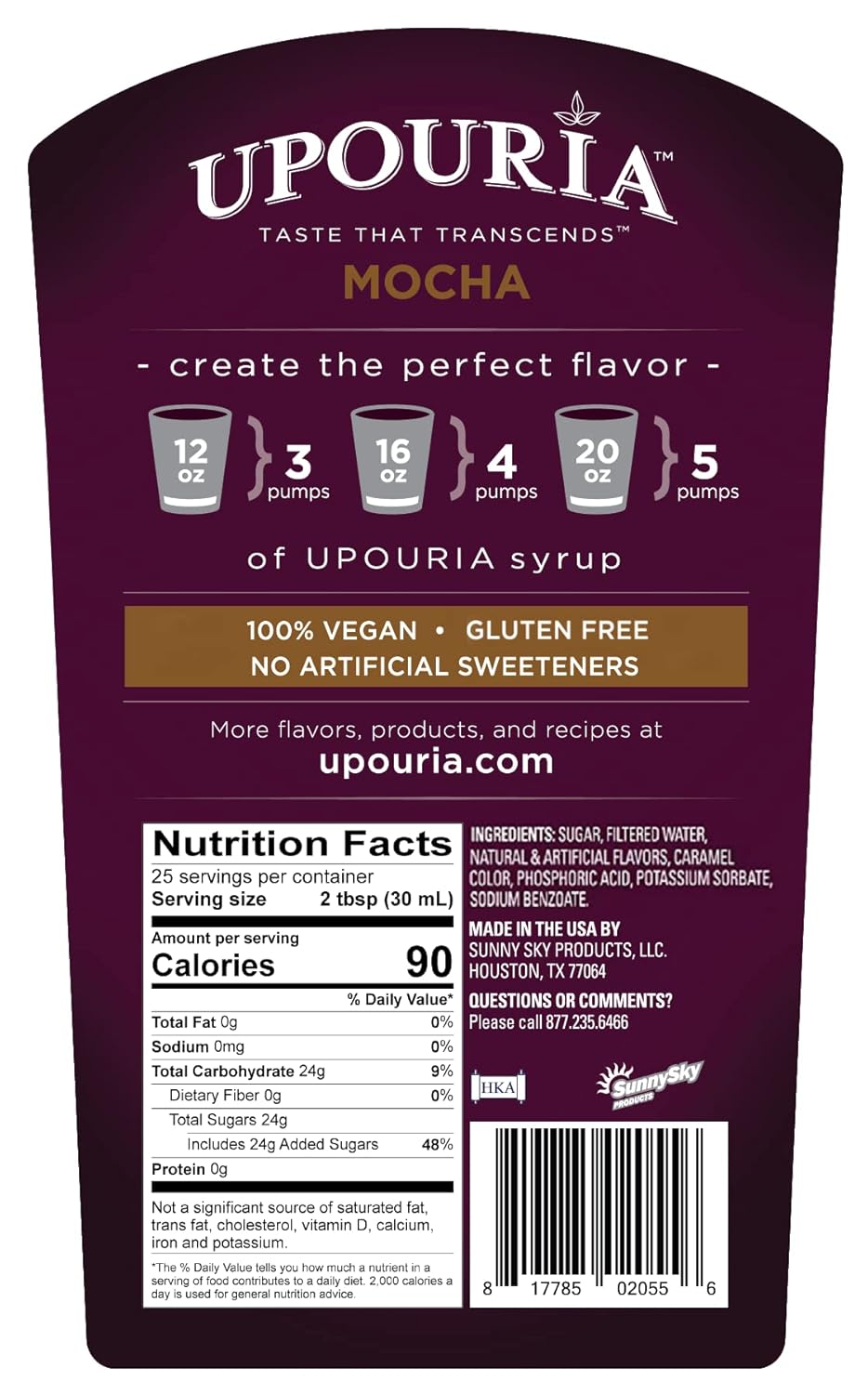 Upouria – Jarabe de café moca saborizante, 100% vegano, sin gluten, Kosher, botella de 25.4fl oz, bomba de jarabe de café incluida
