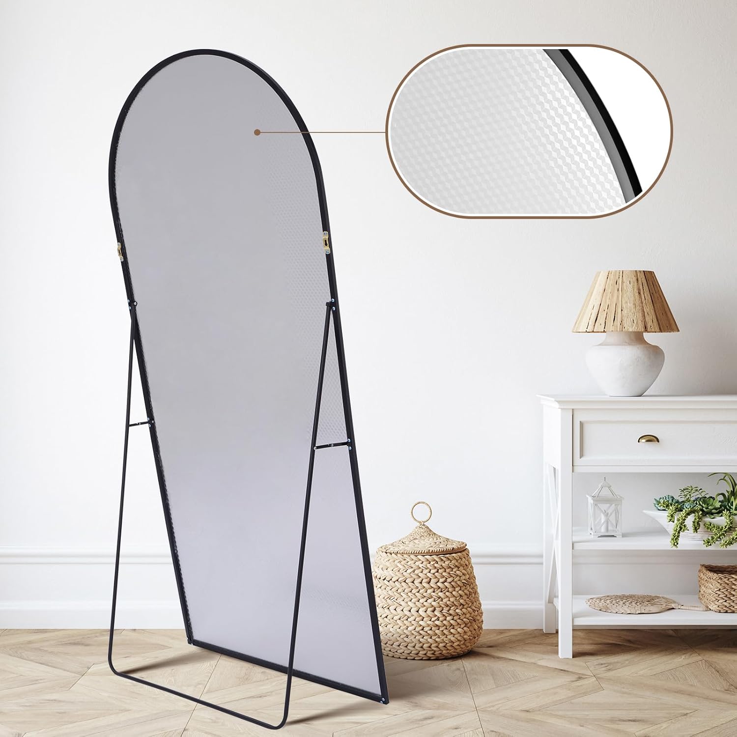 SUFOR Espejo arqueado de longitud completa de 71 x 32 pulgadas, espejo de pie para colgar o inclinarse, espejo de pared de arco con soporte, marco