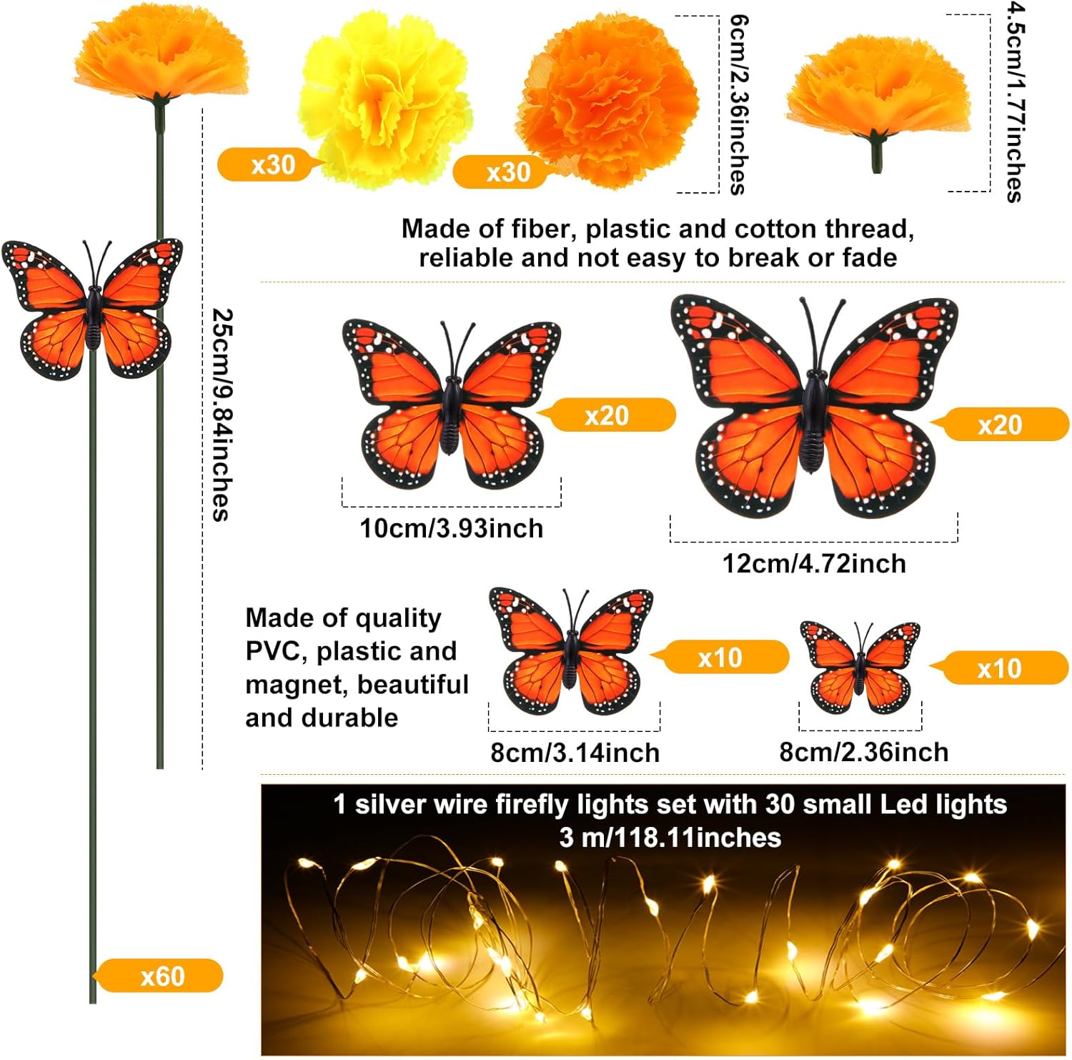 120 piezas de decoración del Día de los Muertos, flores artificiales de caléndula de seda con tallos, mariposas monarca falsas para Diwali Dia De