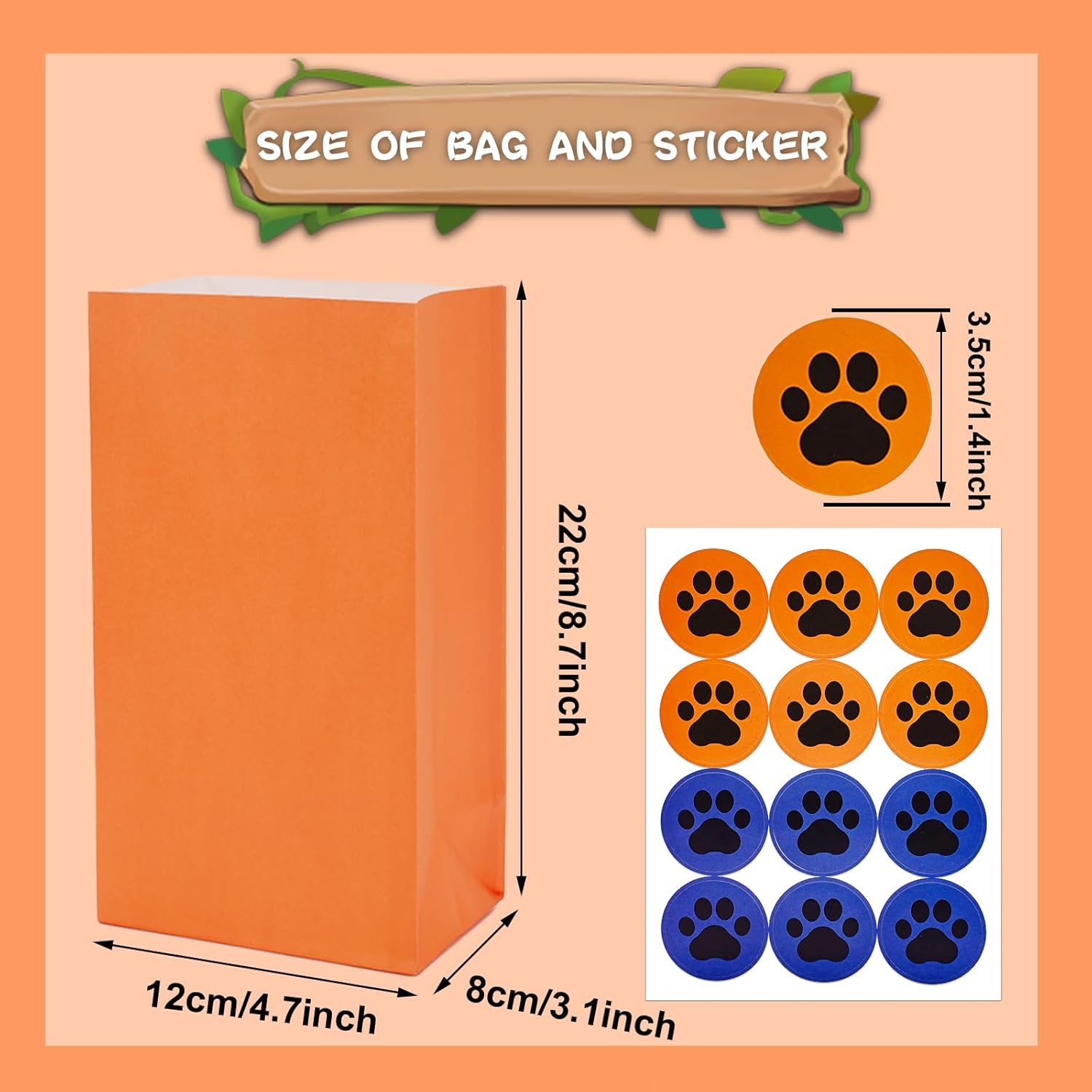 Whaline 24 bolsas de regalo de fiesta de color azul y naranja, bolsas de regalo de papel con calcomanías de pata de perro, bolsas de dulces para