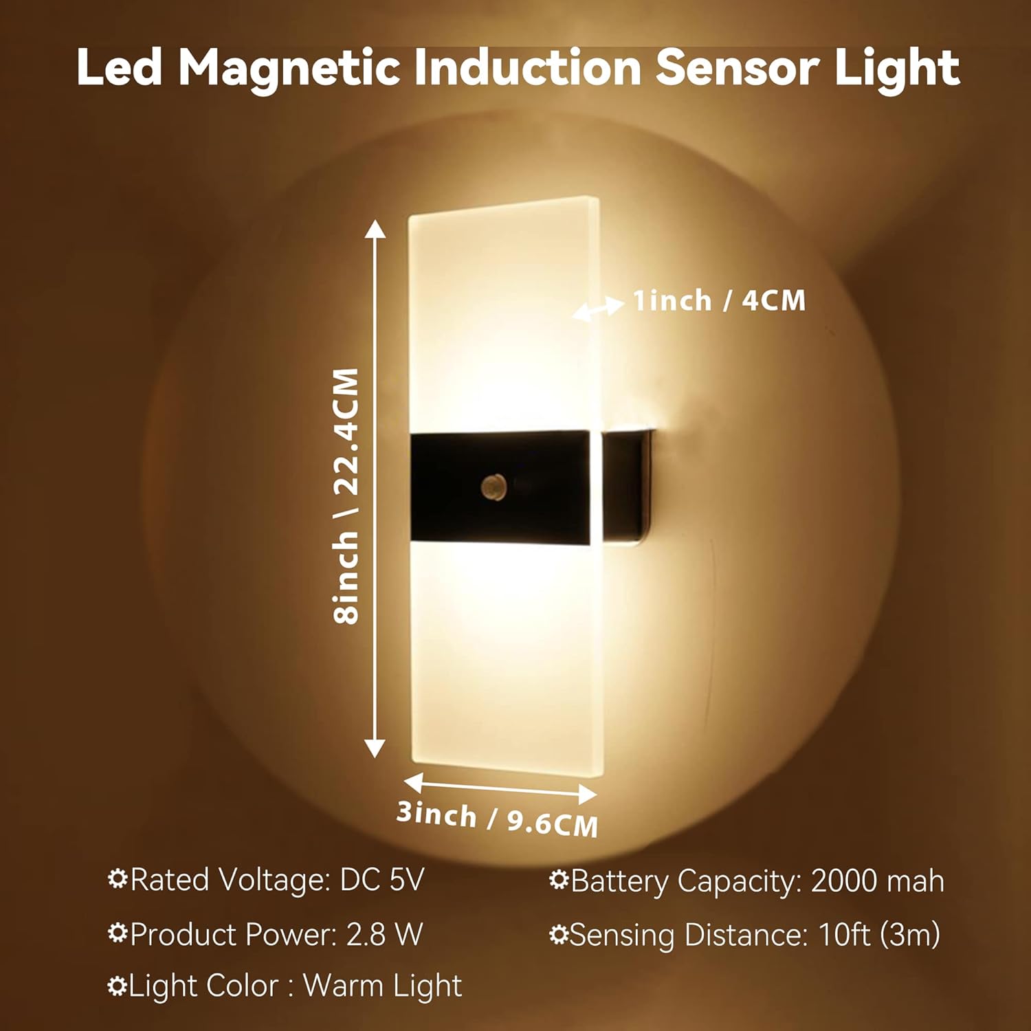 FelRelWel Apliques de pared con control de sensor, 2 lámparas de pared LED acrílicas para sala de estar, pasillo, patio, jardín, batería USB
