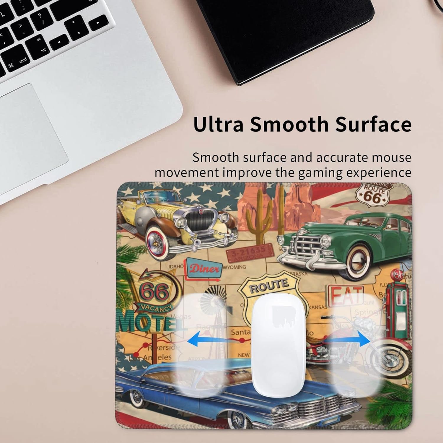 Alfombrilla para mouse con temática de auto clásico americano vintage Route 66, antideslizante, para portátiles, oficina, computadora, mouse pad,
