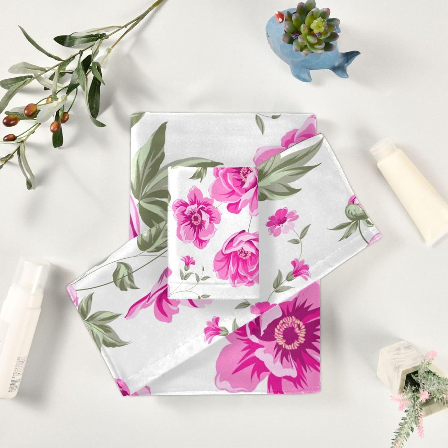 Elegante juego de 3 toallas de baño de peonía rosa, súper suaves, 1 toalla de mano, 1 paño de lavado, 1 toalla de baño, toallas decorativas para