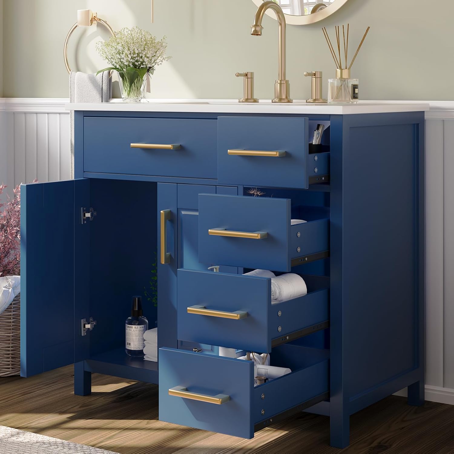 Combinación de tocador de baño de 36 pulgadas con lavabo, moderno juego de gabinete de baño individual pequeño, incluye encimera de 37 pulgadas y