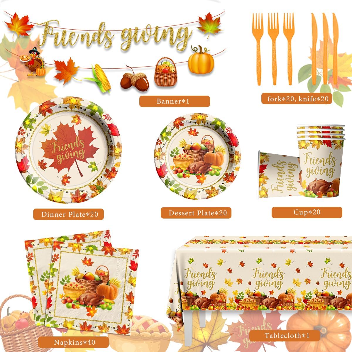 Decoraciones para fiestas de amigos, 142 piezas de vajilla de otoño, incluye platos de papel, mantel, tazas, calabaza, arce, pavo, decoraciones