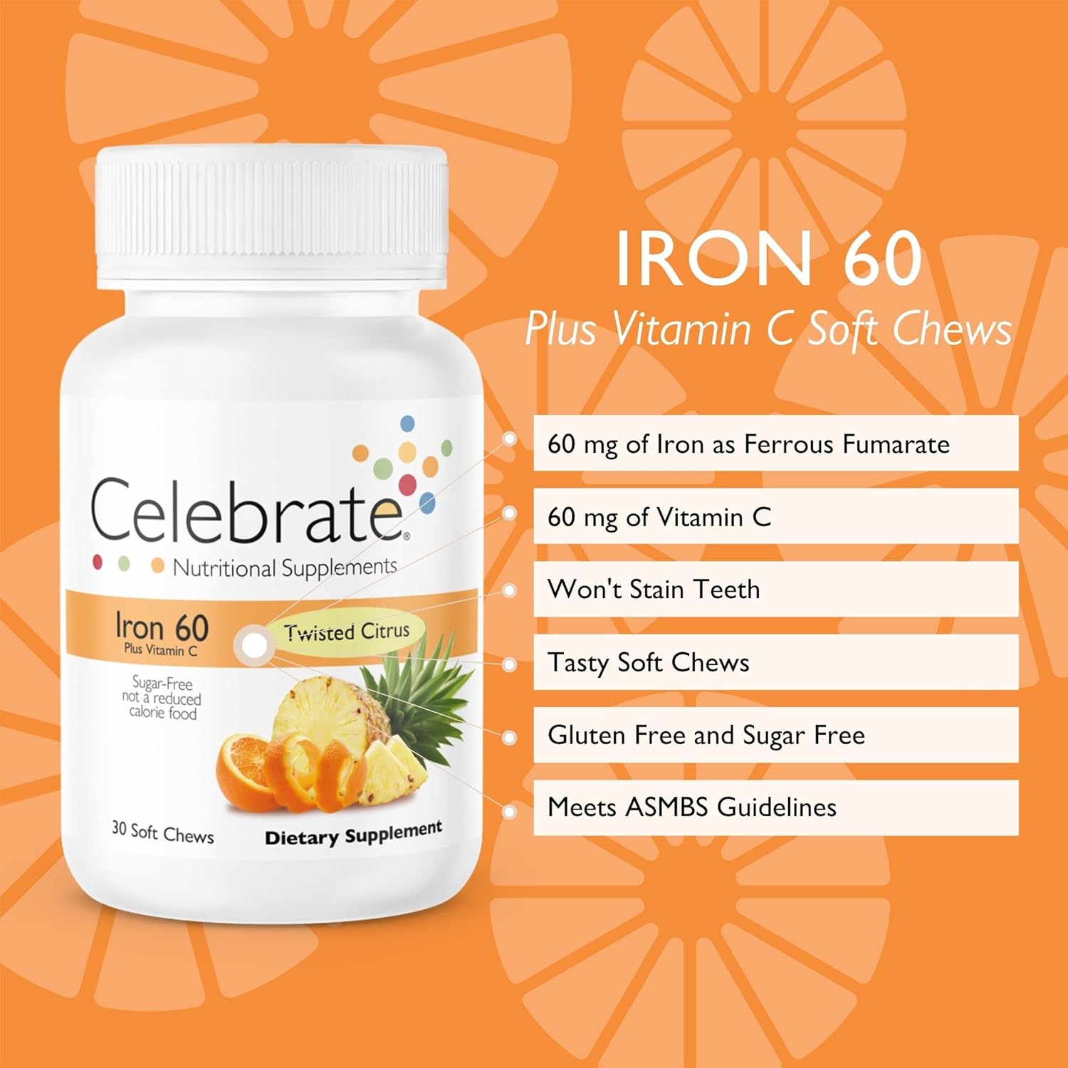 Celebrate Vitamins Hierro bariátrico con vitamina C  60 mg de hierro suave masticable, sabor cítrico torcido, 30 unidades  Vitaminas bariátricas
