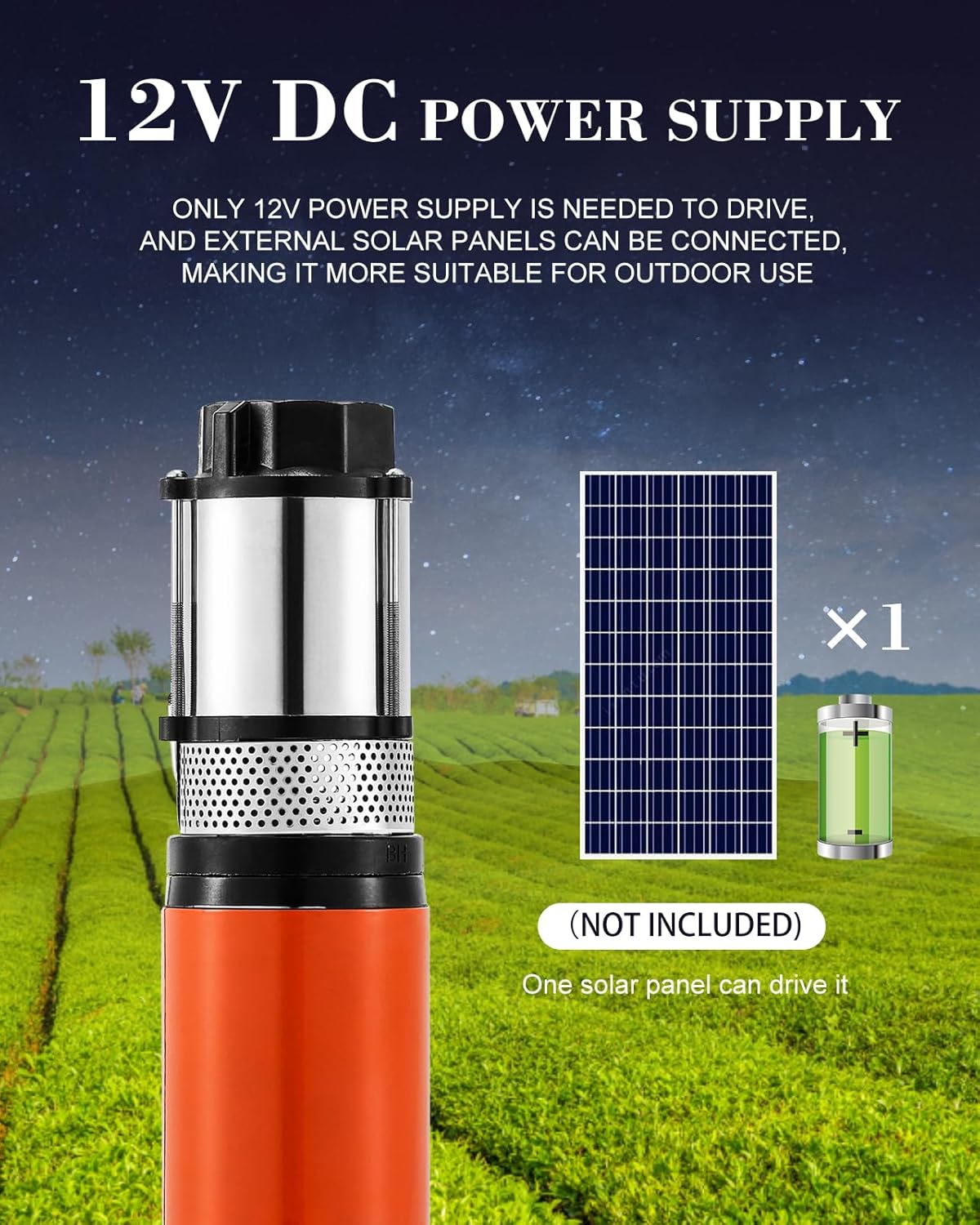 Bomba sumergible de pozo profundo de 12 V CC, 13.2 GPM con batería solar, profundidad de 23 pies, bomba sumergible de acero inoxidable de 2 “1” 1-12
