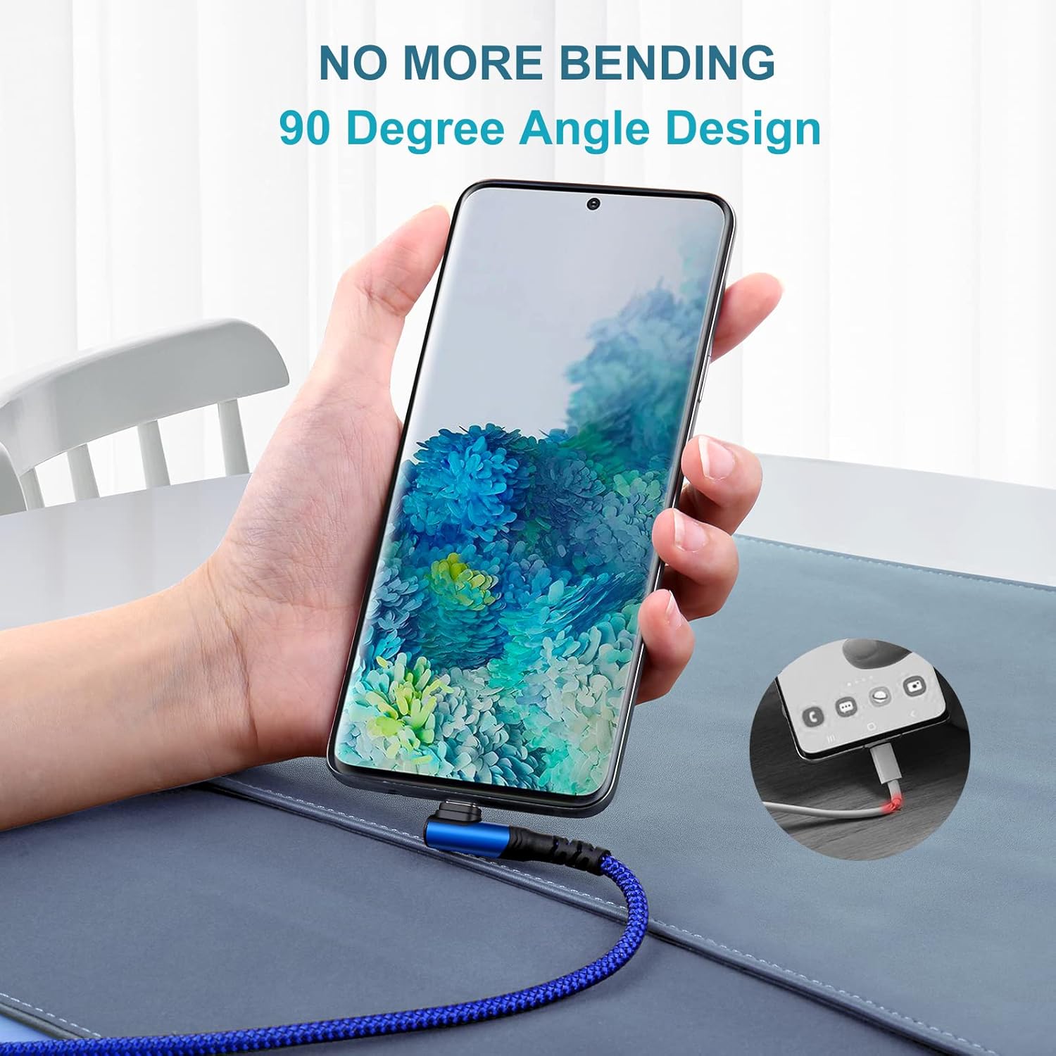 Cable corto USB tipo C, paquete de 3 unidades de 3 A USB C de carga rápida en ángulo recto enchufe trenzado USB a USB c 90 grados L en forma de