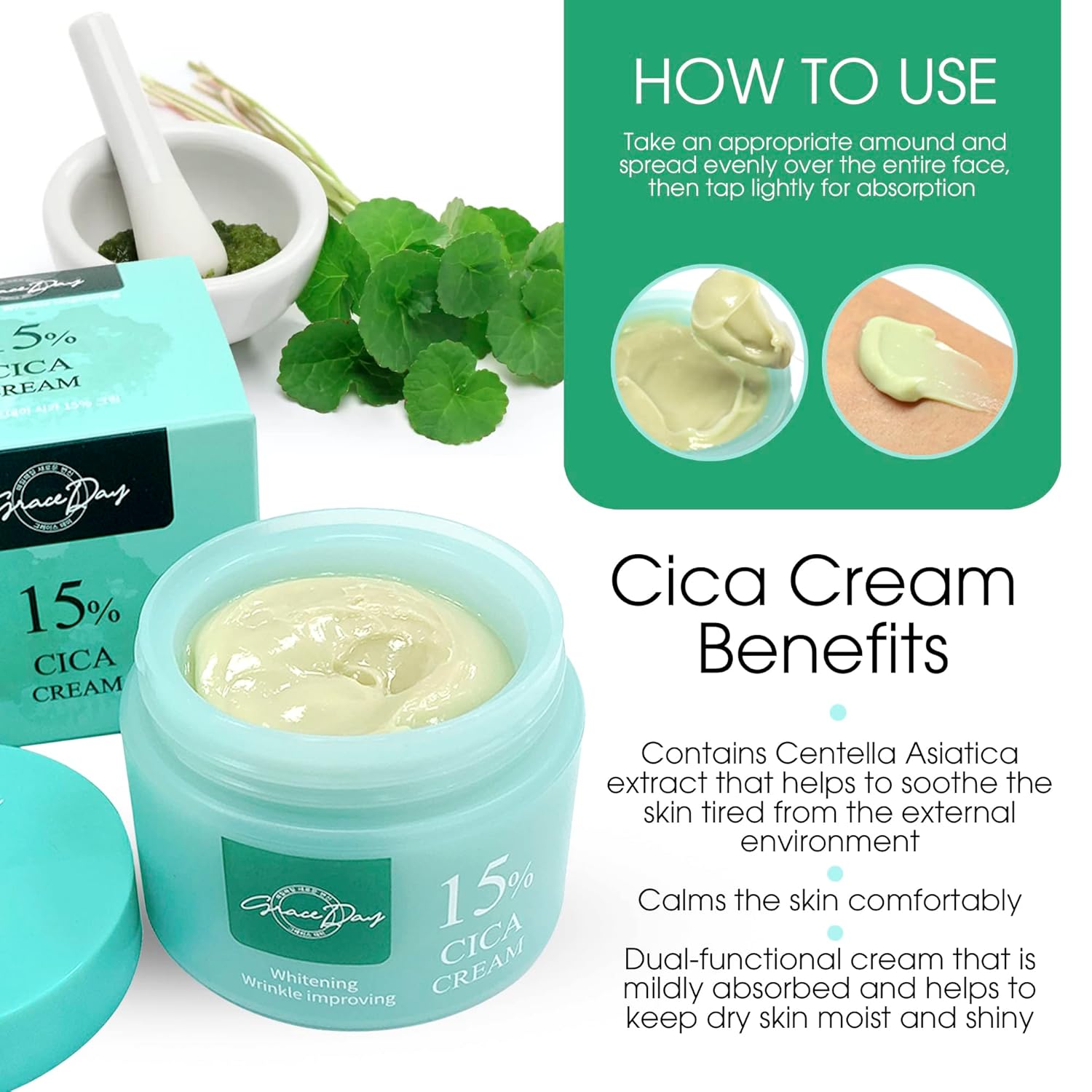 Cica (Centella Asiatica) Crema facial. Certificado 100% VEGANO. Crema de día y noche profundamente nutritiva e hidratante, contiene fuertes