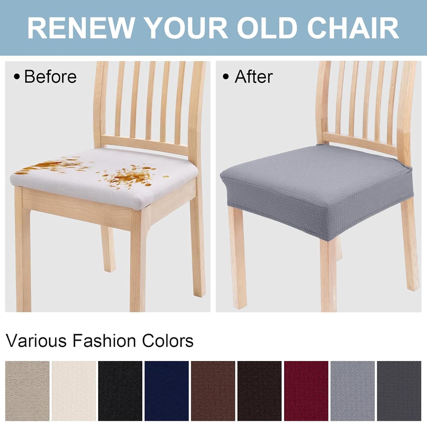 Smiry Juego de 6 fundas de asiento elásticas de jacquard para sillas de comedor, extraíbles y lavables, sin fundas traseras, color gris