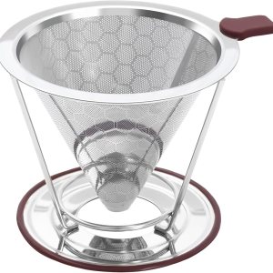 Gotero reutilizable para verter sobre café con cono de café, cesta de filtro de café de doble capa de acero inoxidable con forma de panal de abeja Gotero reutilizable para verter sobre café con cono de café, cesta de filtro de café de doble capa de acero inoxidable con forma de panal de abeja