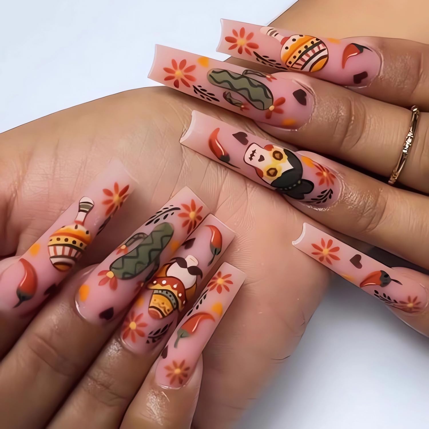 Uñas postizas a presión de Halloween muy largas, uñas postizas cuadradas de acrílico de dibujos animados de Halloween para mujer, uñas brillantes de