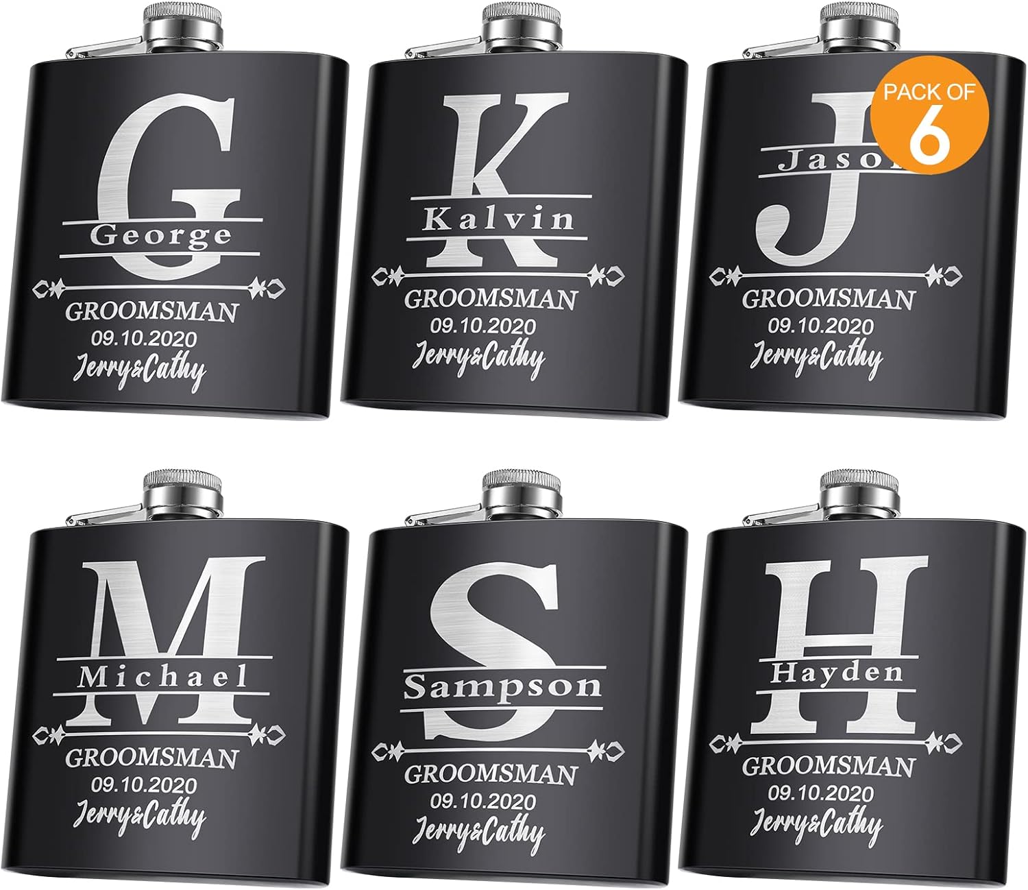 Juego de 6 regalos para padrinos de boda, regalos de padrino de boda personalizados de acero inoxidable de 6 onzas. Frasco personalizado, ideal para