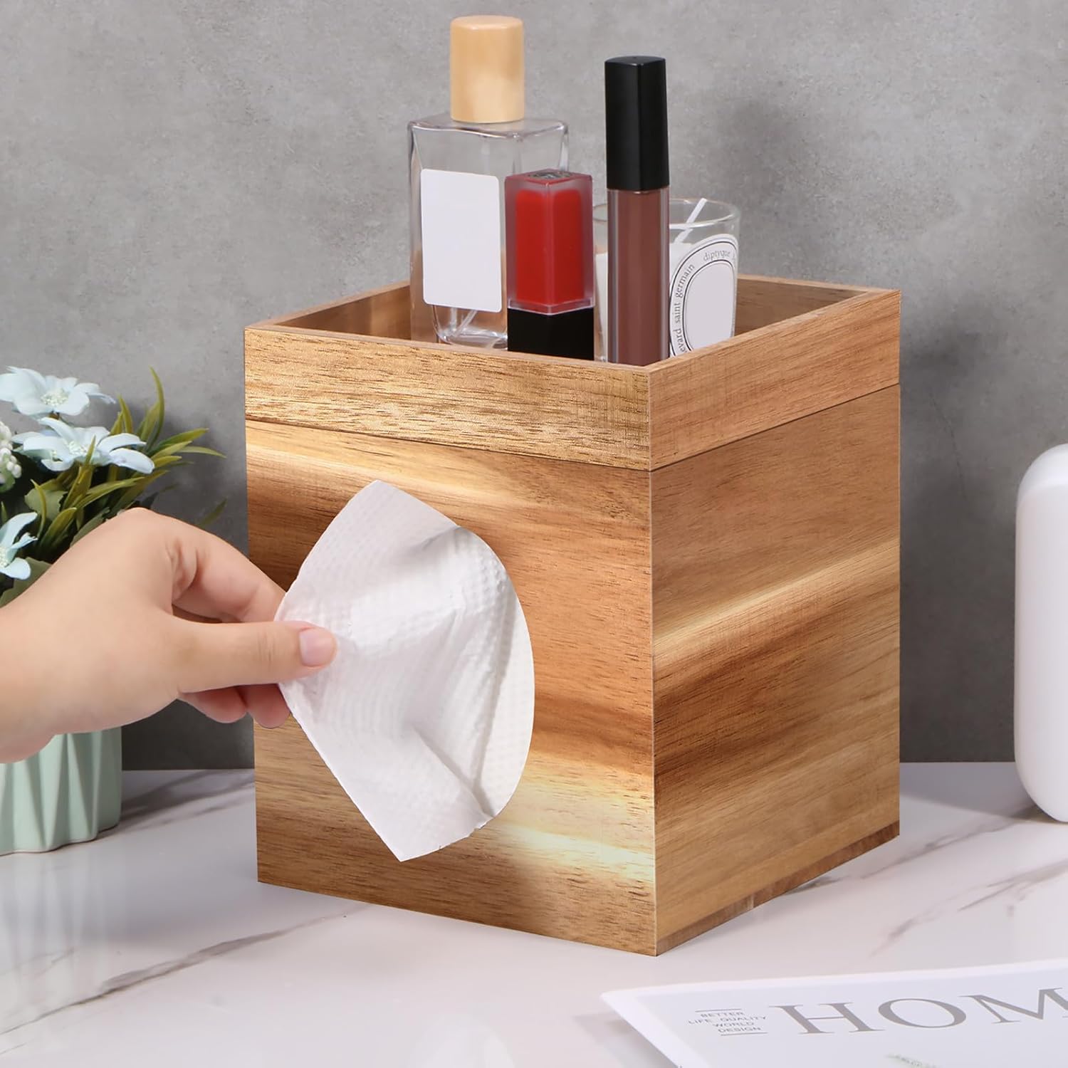 Funda para caja de pañuelos, cubierta de caja de pañuelos de madera con bandeja de almacenamiento cuadrada para caja de pañuelos para baño,