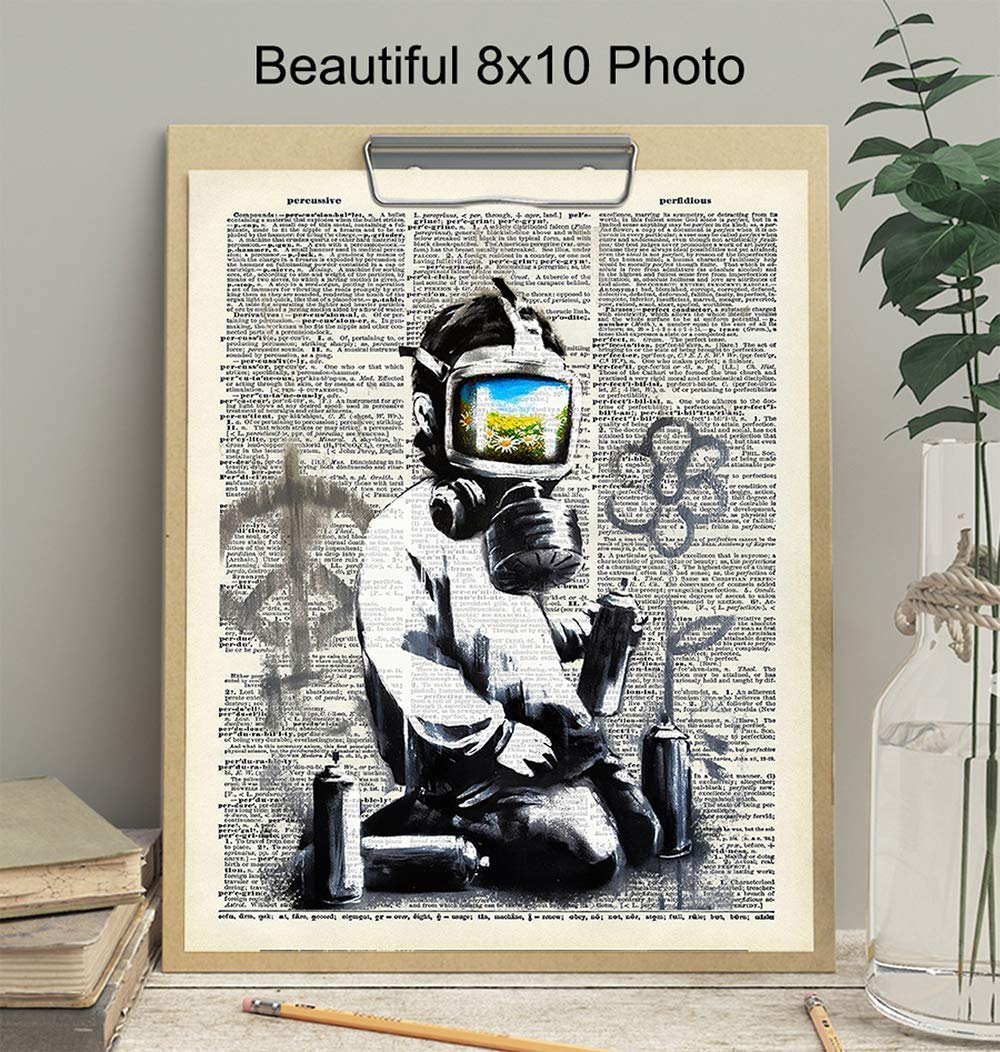 Banksy Gas Mask Graffiti Street Art Mural – Contemporary Dictionary Art, Home Decor – Upcycled Wall Art Print, Poster – Unique Room Decorations –