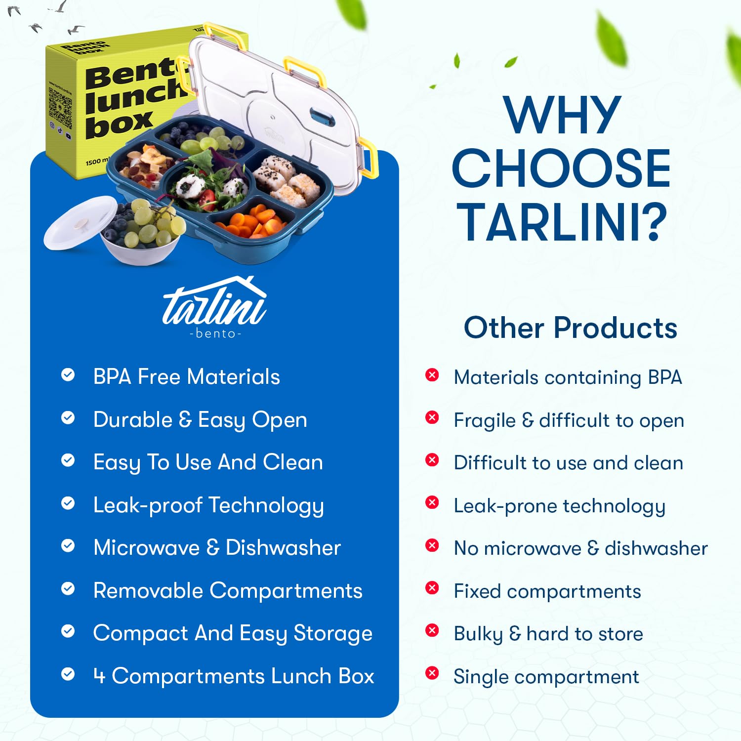 Tarlini – Caja Bento azul para adultos, contenedor de 5 compartimentos con separadores para comidas equilibradas, caja Bento japonesa segura para