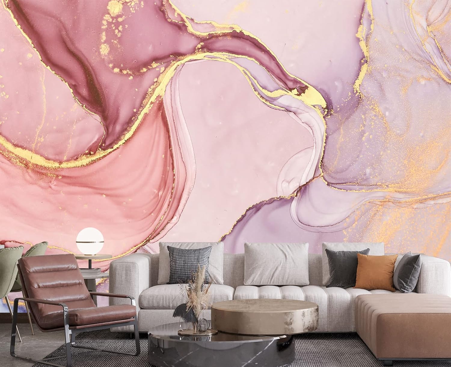 Eierme Papel pintado de pared rosa mármol dorado para dormitorio, 178 x 117 pulgadas