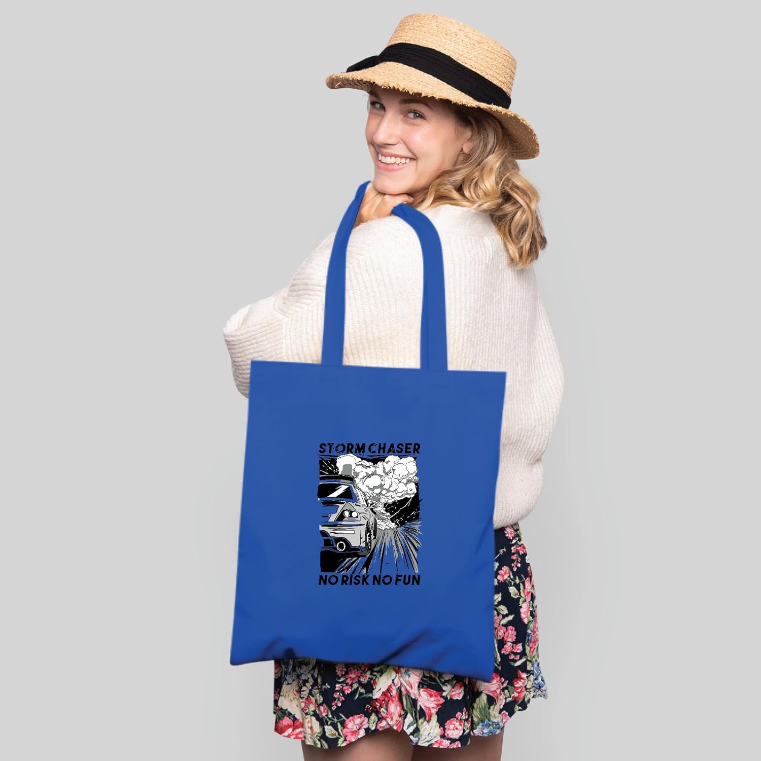 Gift for Car Racing Fans Storm No Risk No Fun Quote for Car Enthusiasts Natural White Multicolor Canvas Tote Bag