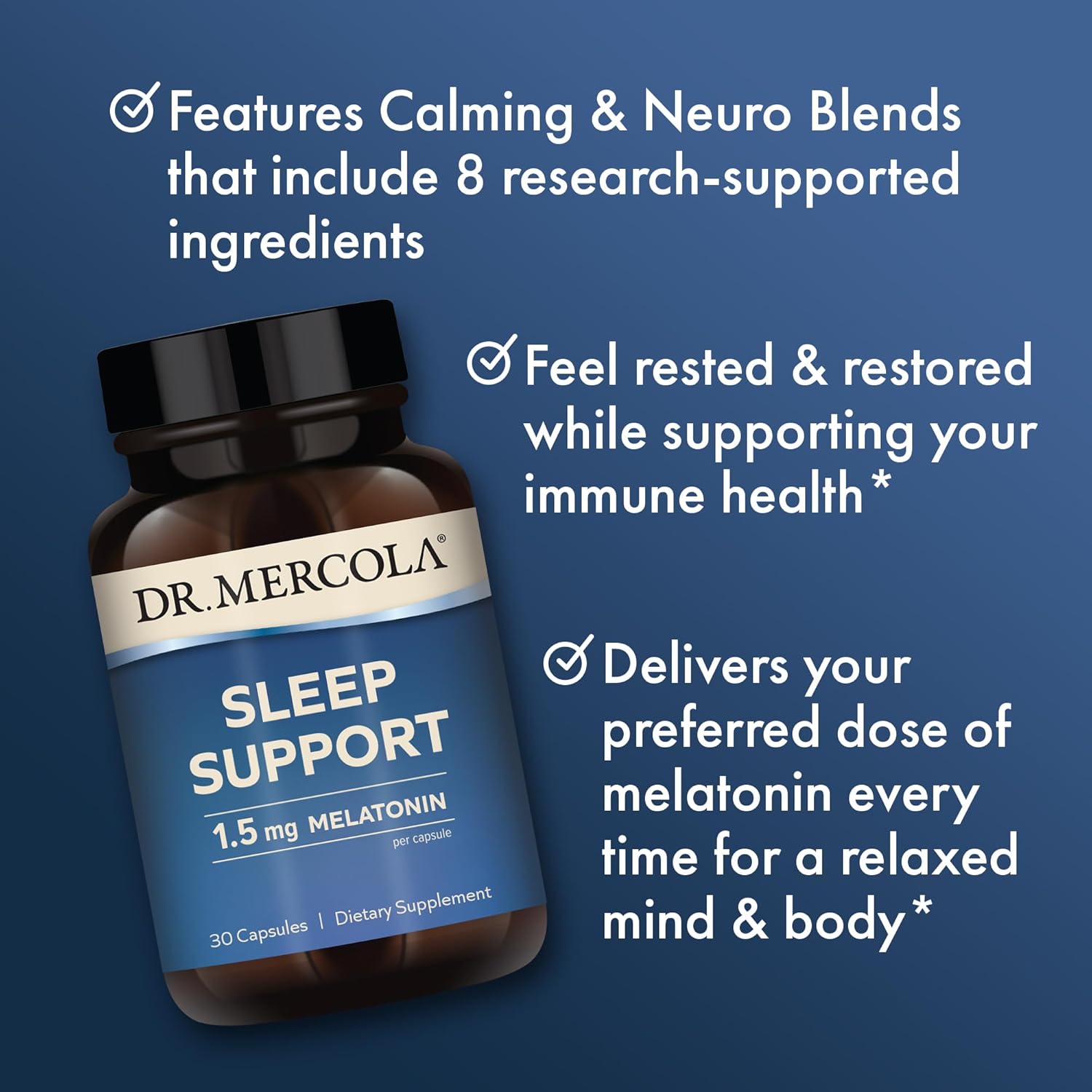 Dr. Mercola Apoyo para dormir con melatonina, 1.5 mg de melatonina por porción, 30 porciones (30 cápsulas), suplemento dietético, apoya un sueño