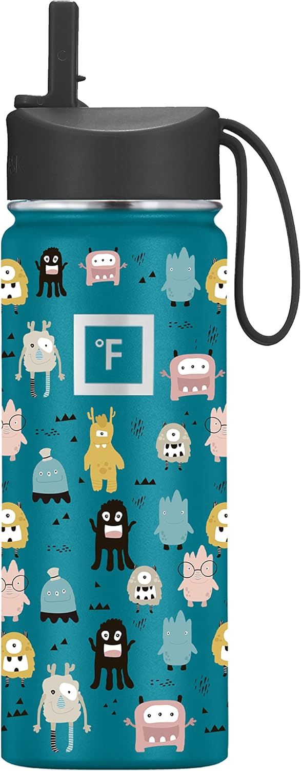 IRON FLASK Botella de agua para niños, tapa con pajilla, 20 calcomanías con nombre, acero inoxidable aislado al vacío, vaso de doble pared, taza de